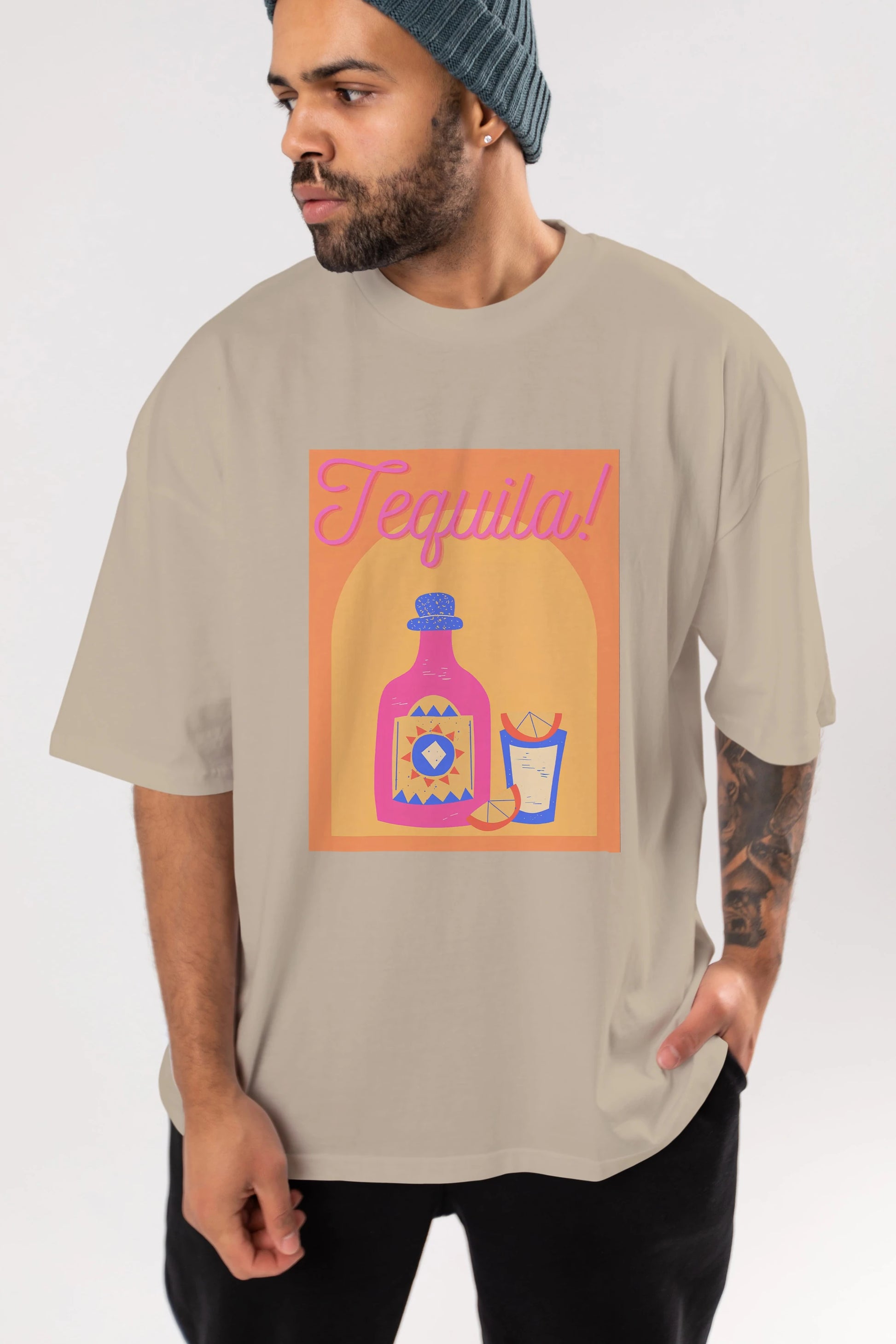 Tequila Ön Baskılı Oversize t-shirt Erkek Kadın Unisex %100 Pamuk Bisiklet Yaka tişort