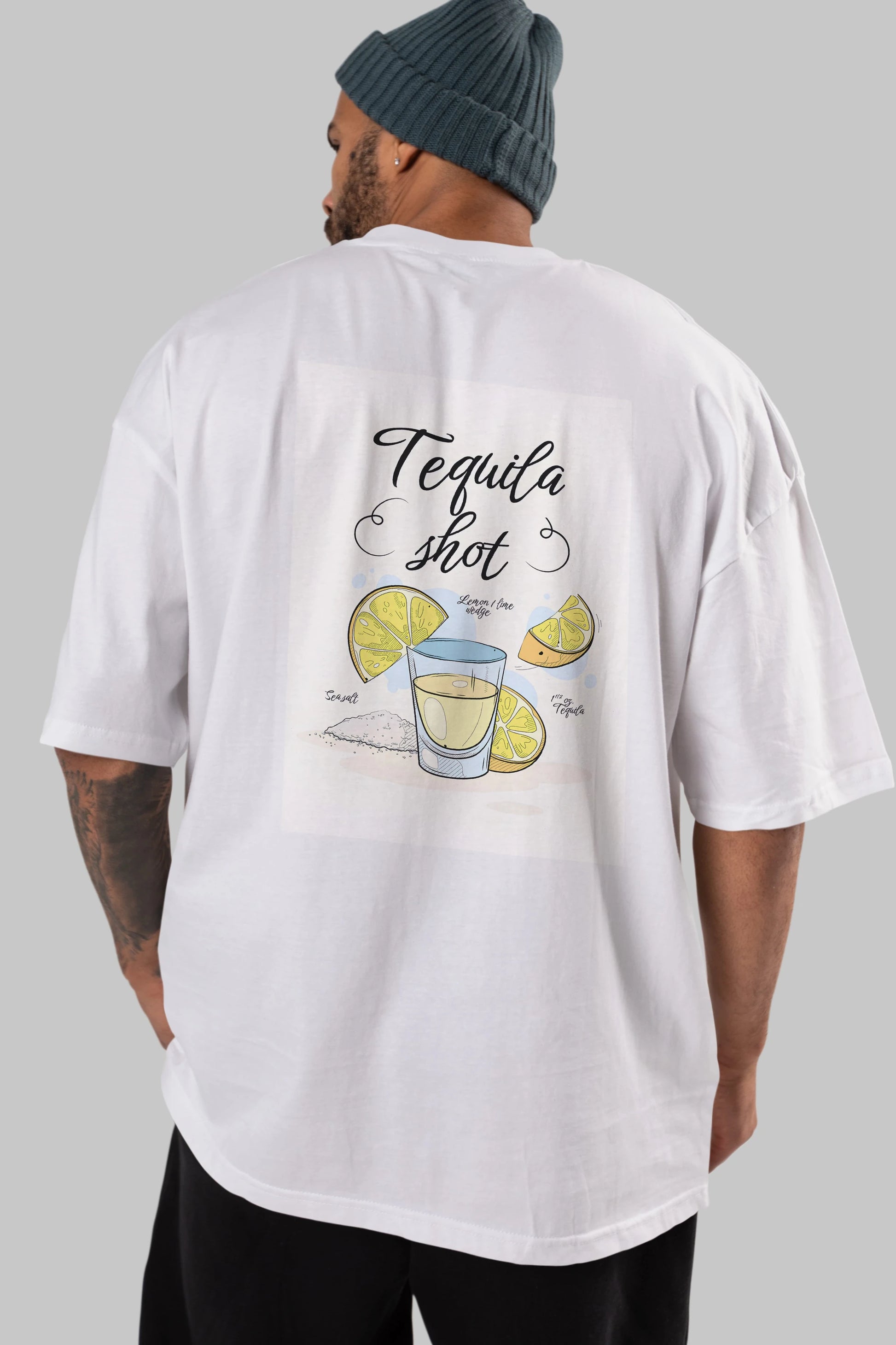 Tequila Shot Arka Baskılı Oversize t-shirt Erkek Kadın Unisex %100 Pamuk Bisiklet Yaka tişort