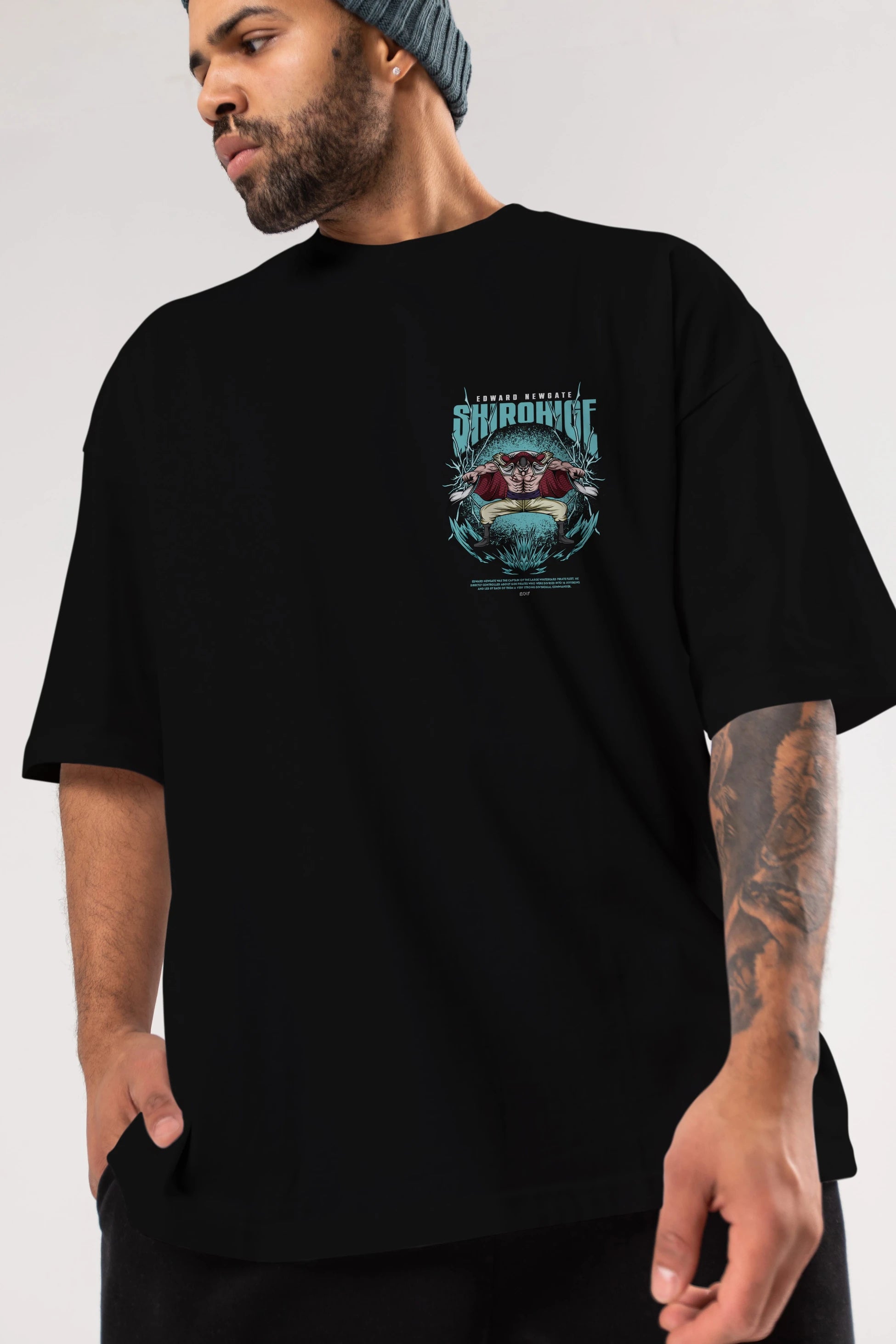 Shirohige Ön Sol Baskılı Oversize t-shirt Erkek Kadın Unisex %100 Pamuk Bisiklet Yaka tişort