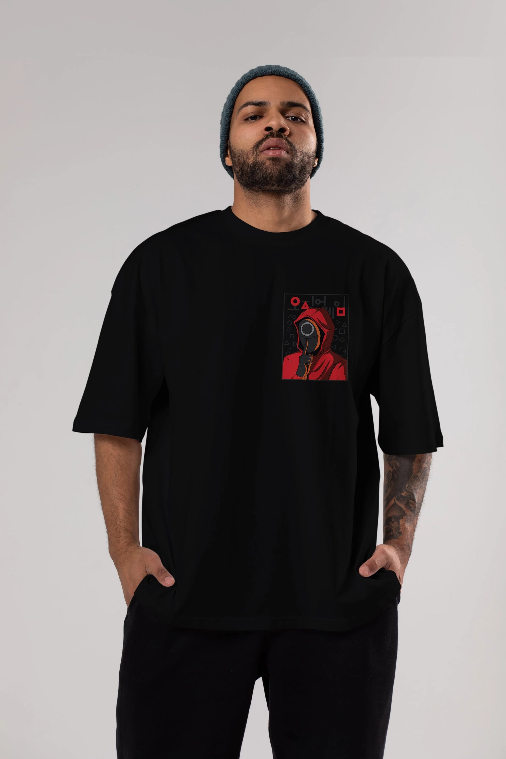 Squid Game (5) Ön Sol Baskılı Oversize t-shirt Erkek Kadın Unisex %100 Pamuk Bisiklet Yaka tişort