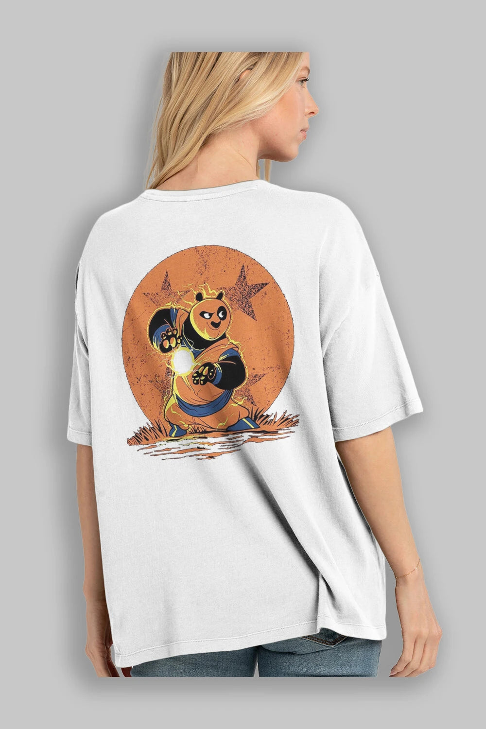 Kung Fu Panda Arka Baskılı Oversize t-shirt Erkek Kadın Unisex %100 Pamuk Bisiklet Yaka tişort