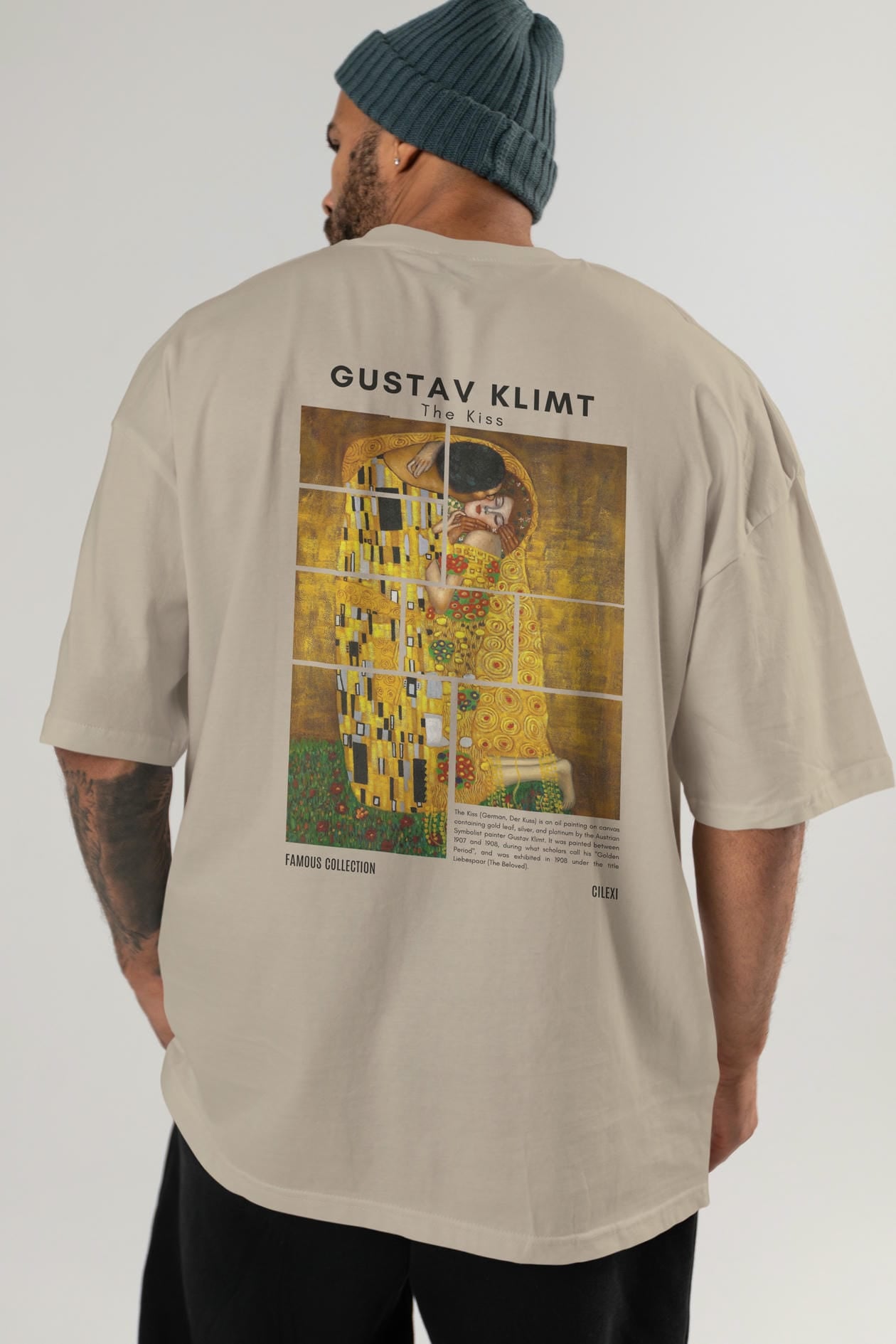 Gustav Klimt The Kiss Arka Baskılı Oversize t-shirt Erkek Kadın Bisiklet Yaka Pamuk tişort