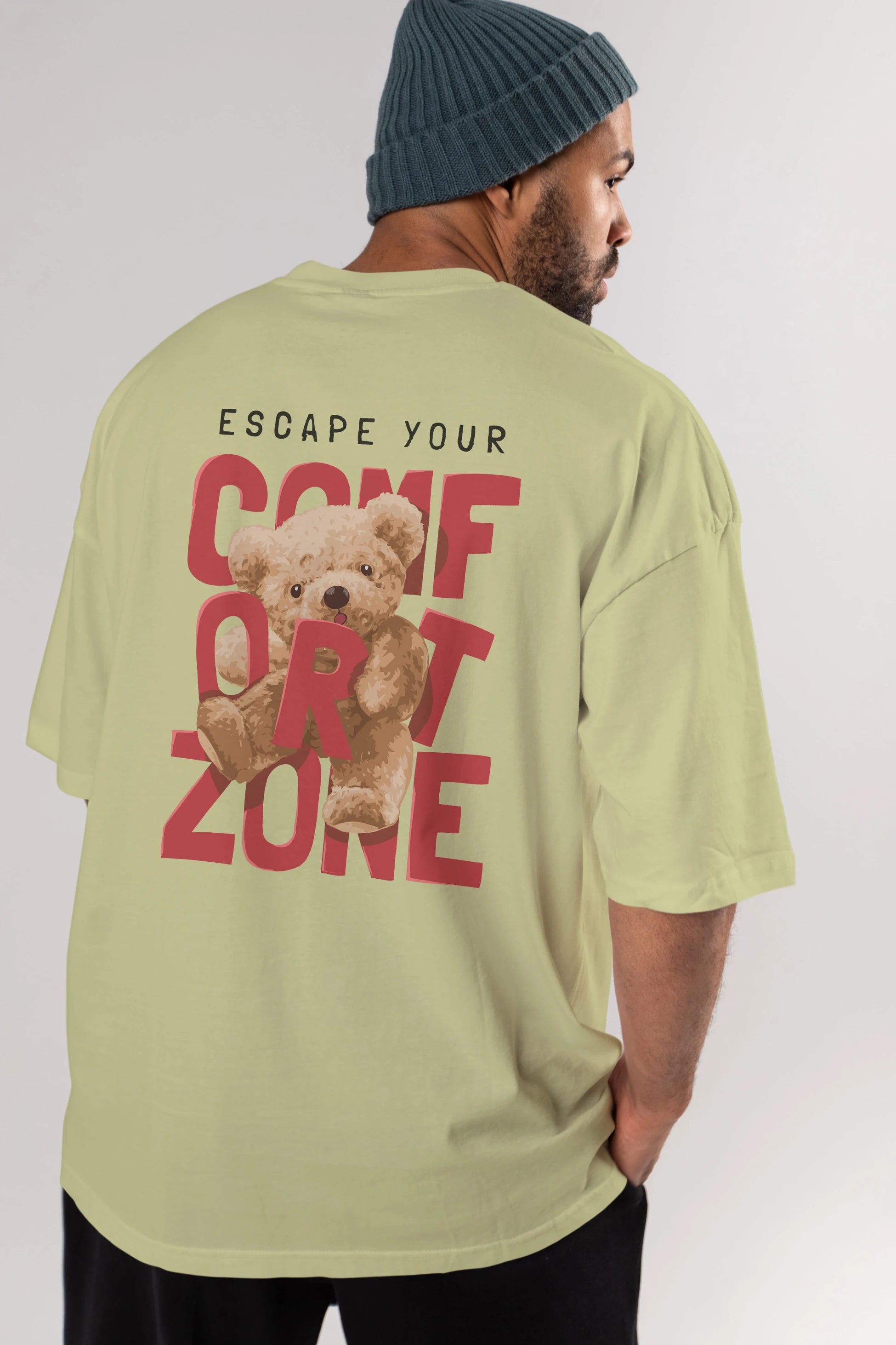 Teddy Bear Escape Comfort Zone Arka Baskılı Oversize t-shirt Erkek Kadın Unisex %100 Pamuk