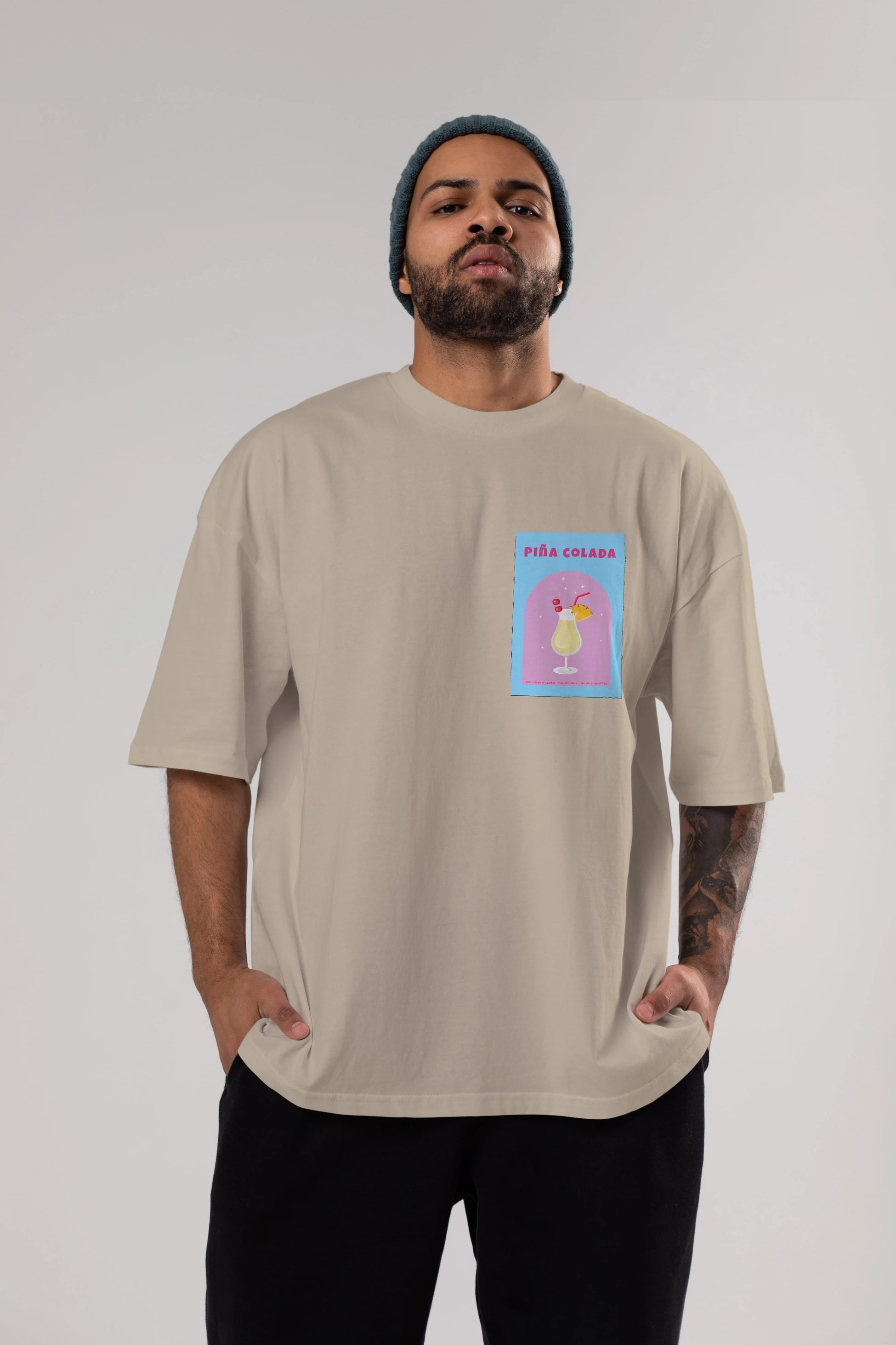 Pina Colada 2 Ön Sol Baskılı Oversize t-shirt Erkek Kadın Unisex %100 Pamuk Bisiklet Yaka tişort