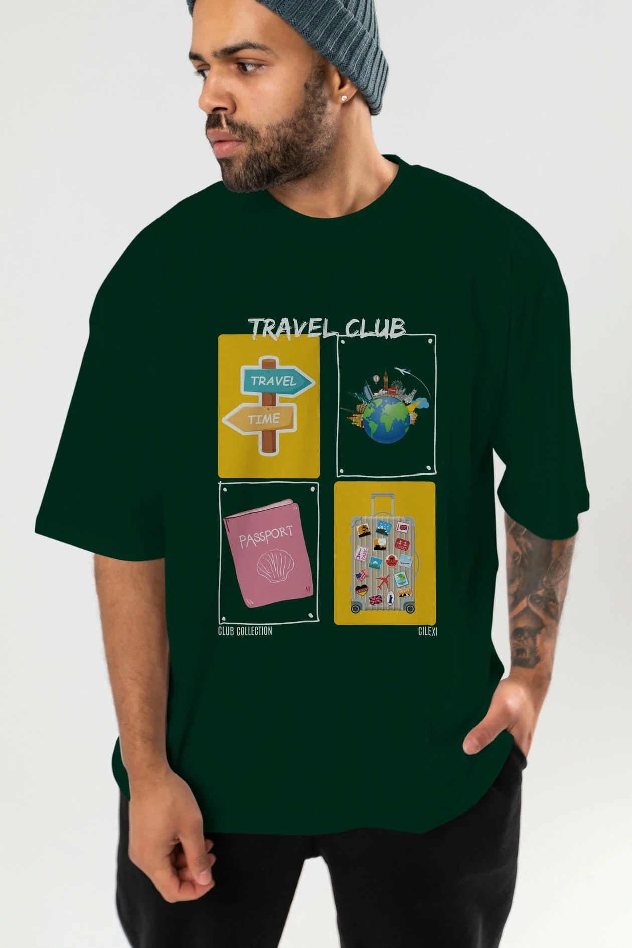 Travel Club ön Baskılı Oversize t-shirt Erkek Kadın %100 Pamuk Bisiklet Yaka tişort