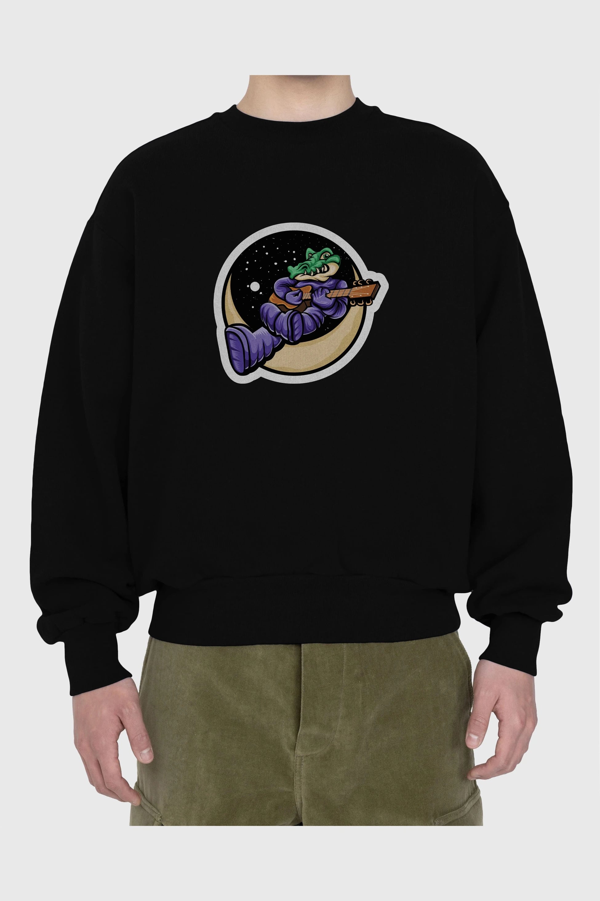 Space Crocodile Sticker Ön Baskılı Oversize Sweatshirt Erkek Kadın Unisex