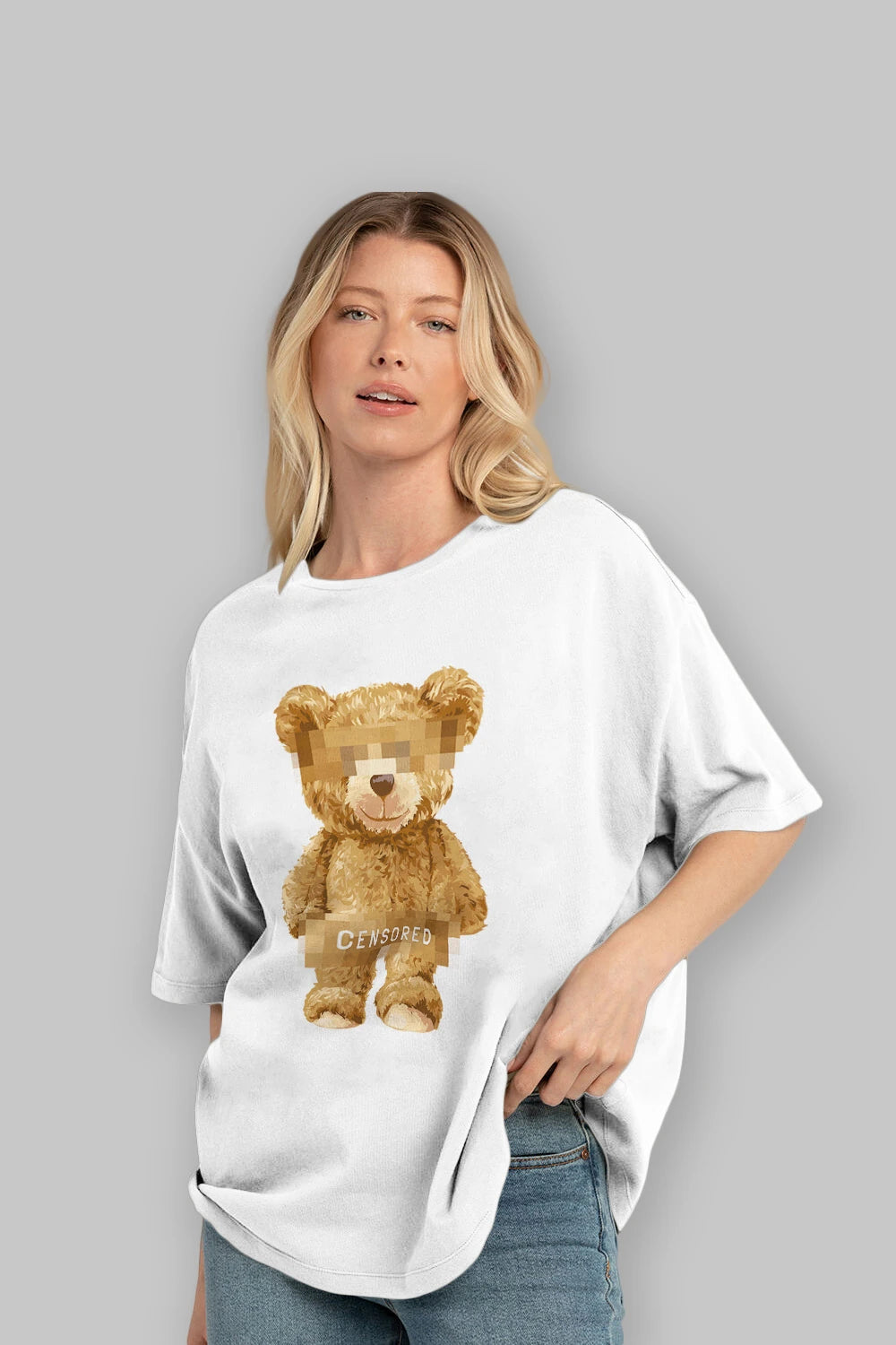 Teddy Bear Censored Ön Baskılı Oversize t-shirt Erkek Kadın Unisex %100 Pamuk