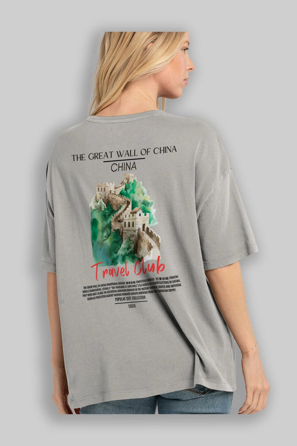 The Great Wall Of China Arka Baskılı Oversize t-shirt Erkek Kadın Pamuk Bisiklet Yaka tişort