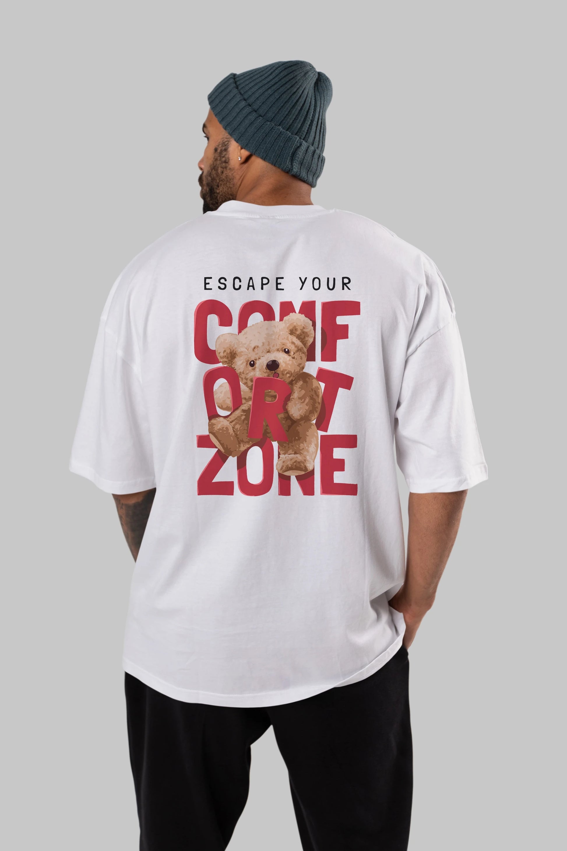 Teddy Bear Escape Comfort Zone Arka Baskılı Oversize t-shirt Erkek Kadın Unisex %100 Pamuk