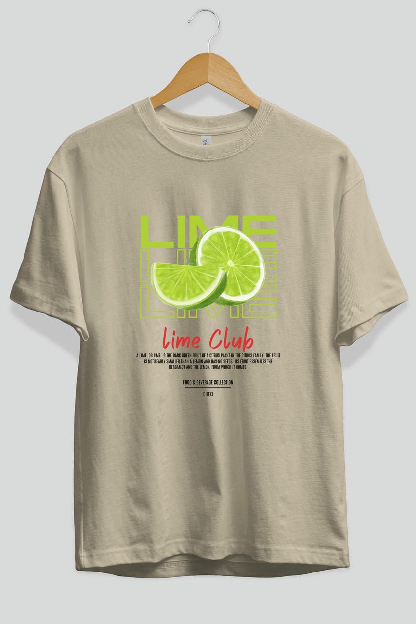 Lime Kokteyl Serisi ön Baskılı Oversize t-shirt Erkek Kadın %100 Pamuk Bisiklet Yaka tişort