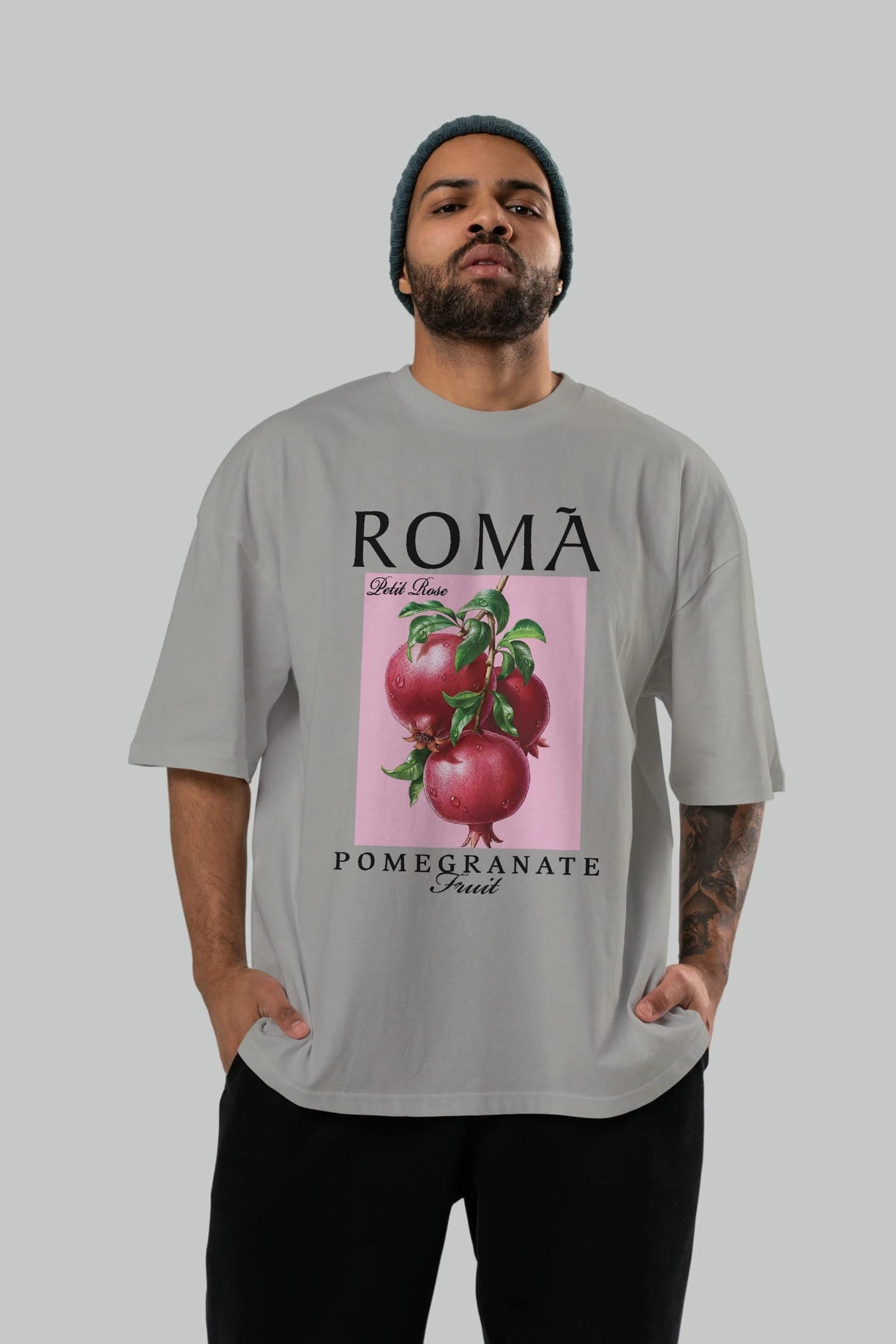 Roma Pomegranate Nar Ön Baskılı Oversize t-shirt Erkek Kadın Pamuk Bisiklet Yaka tişort