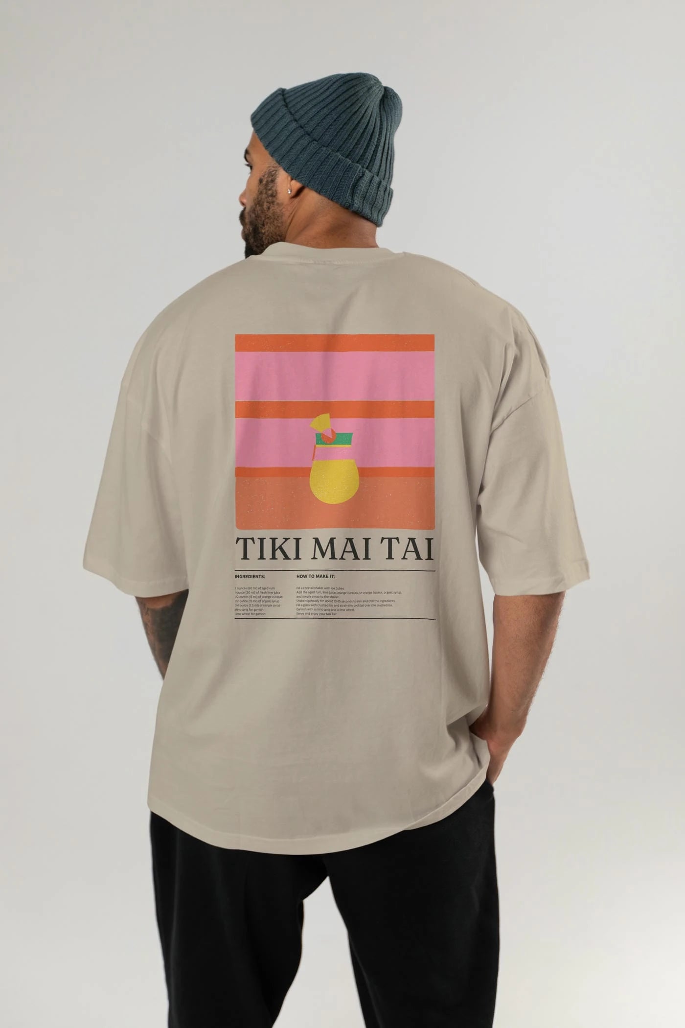 Tiki Mai Tai Kokteyl Serisi Arka Baskılı Oversize t-shirt Erkek Kadın %100 Pamuk Bisiklet Yaka tişort