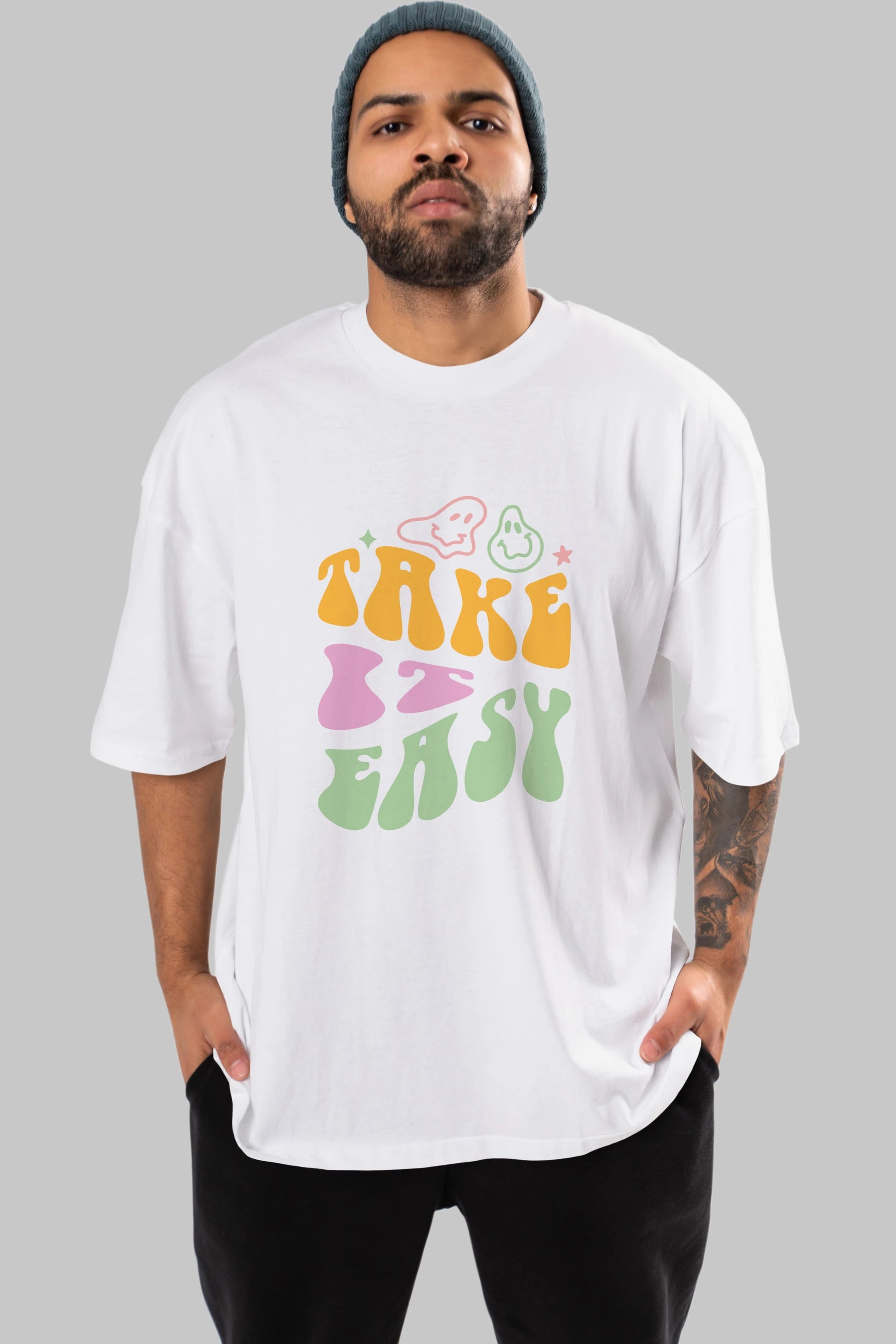 Take it Easy Yazılı Ön Baskılı Oversize t-shirt Erkek Kadın Unisex