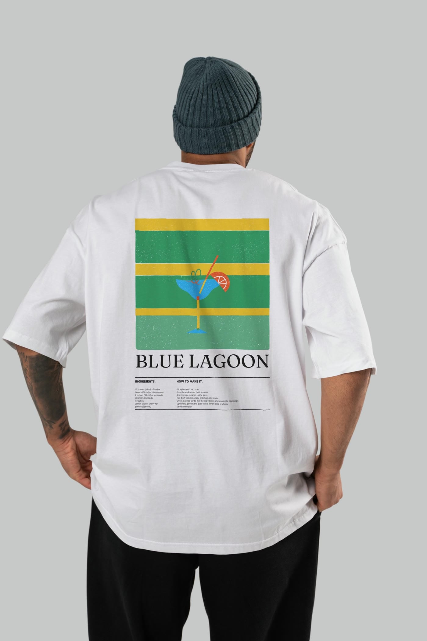 Blue Lagoon Kokteyl Serisi Arka Baskılı Oversize t-shirt Erkek Kadın %100 Pamuk Bisiklet Yaka tişort