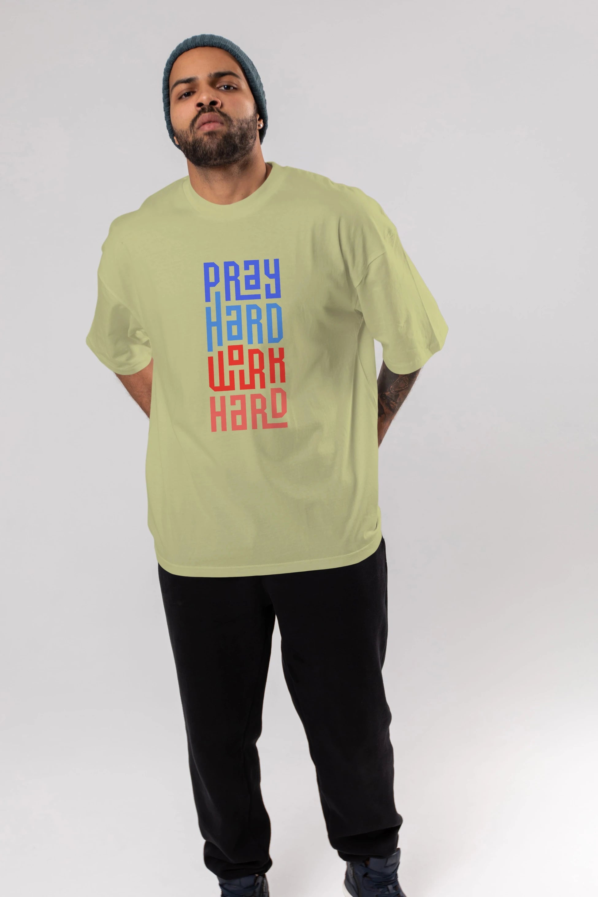 Pray Hard Work Hard Yazılı Ön Baskılı Oversize t-shirt Erkek Kadın Unisex