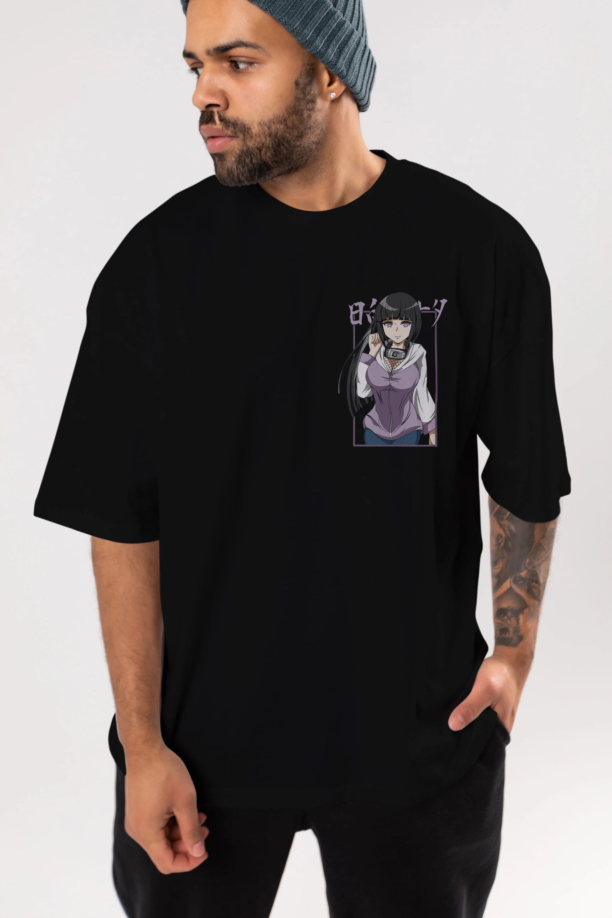 Hinata NARUTO Ön Sol Baskılı Oversize t-shirt Erkek Kadın Unisex %100 Pamuk Bisiklet Yaka tişort