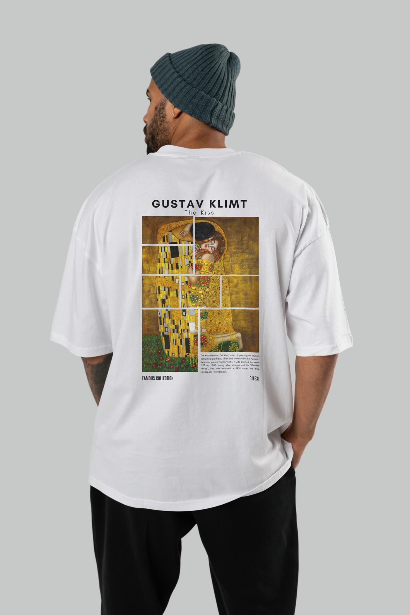 Gustav Klimt The Kiss Arka Baskılı Oversize t-shirt Erkek Kadın Bisiklet Yaka Pamuk tişort