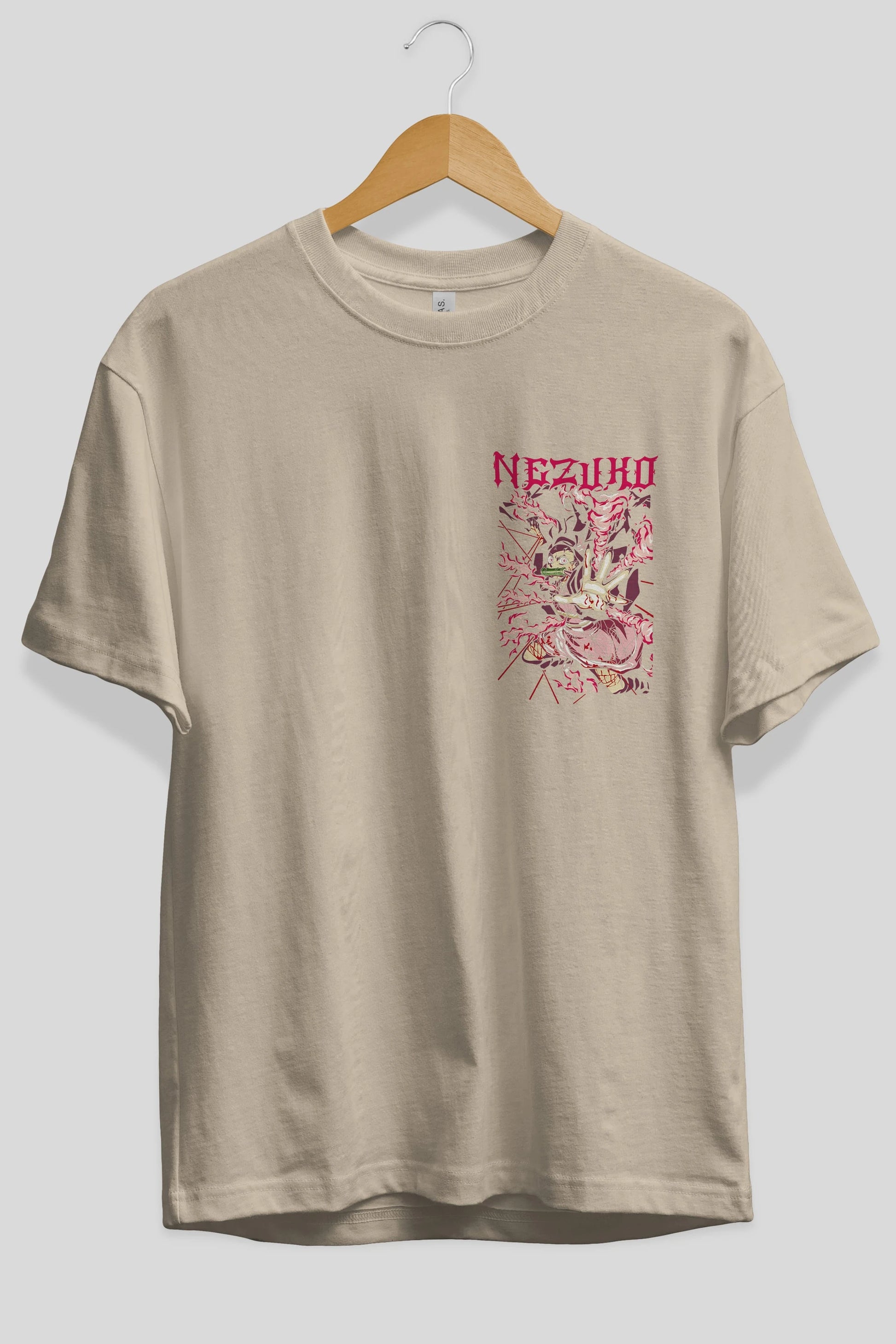 NEZUKO KAMADO Ön Sol Baskılı Oversize t-shirt Erkek Kadın Unisex %100 Pamuk Bisiklet Yaka tişort
