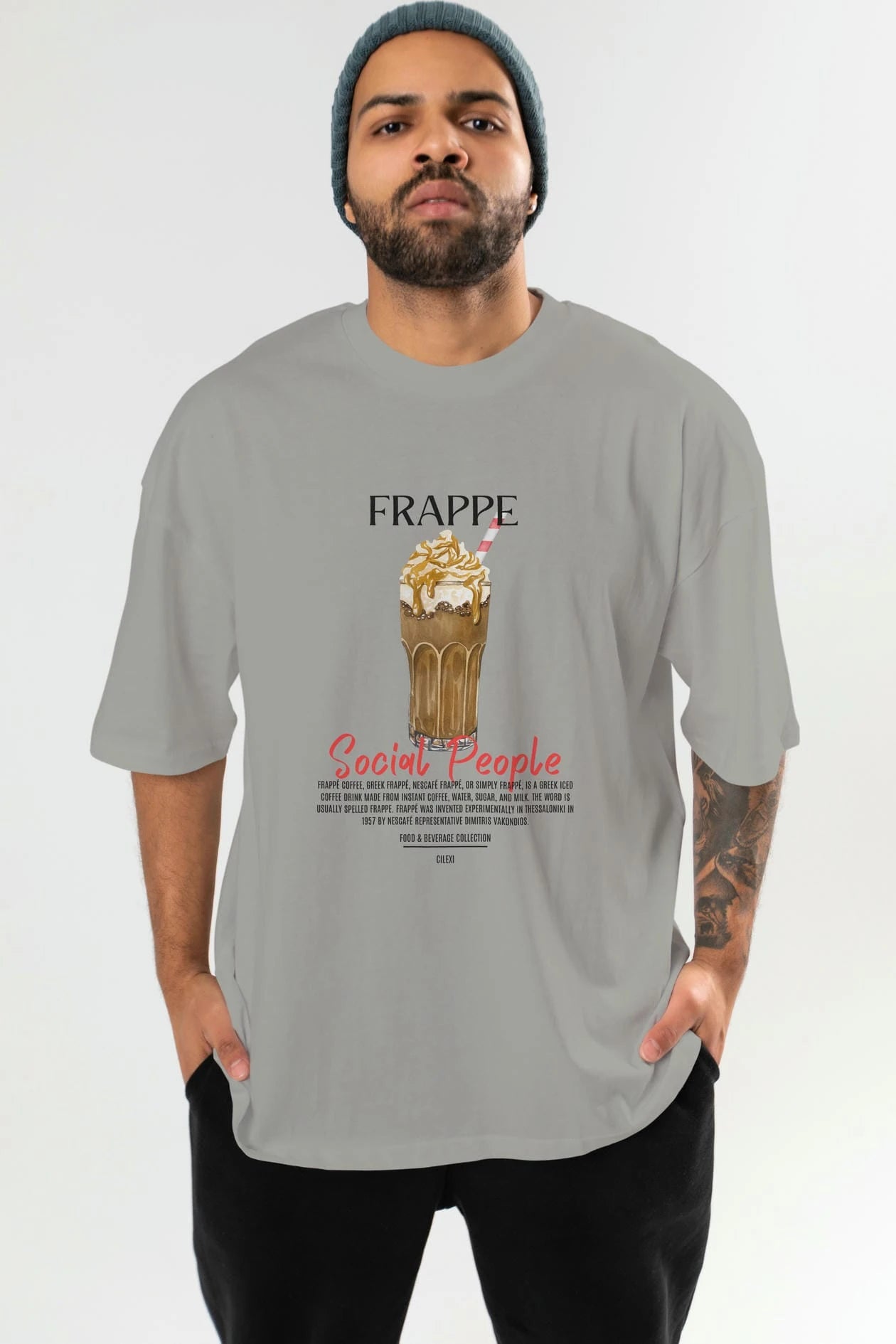 Frappe Kokteyl Serisi ön Baskılı Oversize t-shirt Erkek Kadın %100 Pamuk Bisiklet Yaka tişort