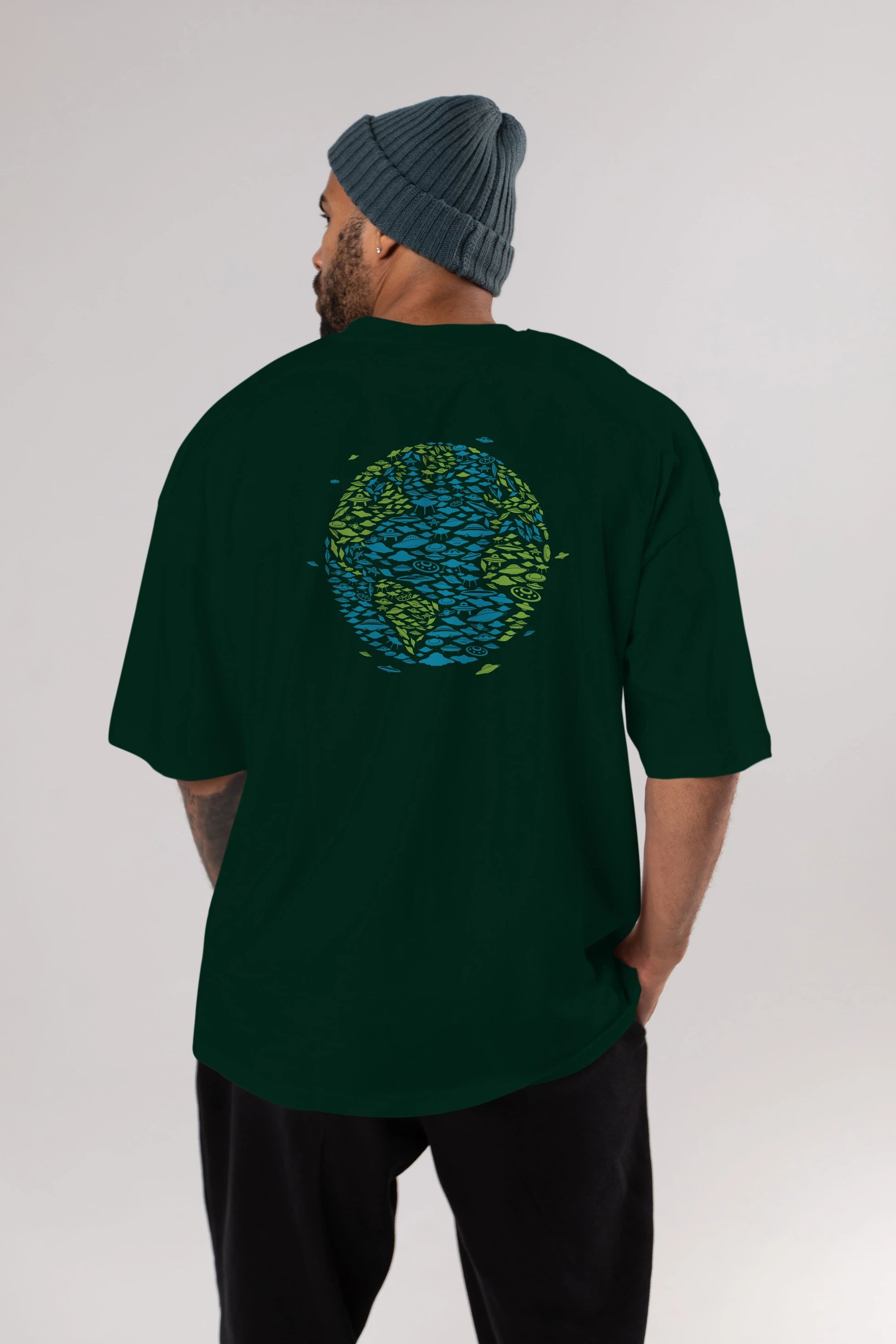 UFO Invasion Arka Baskılı Oversize t-shirt %100 pamuk Erkek Kadın Unisex