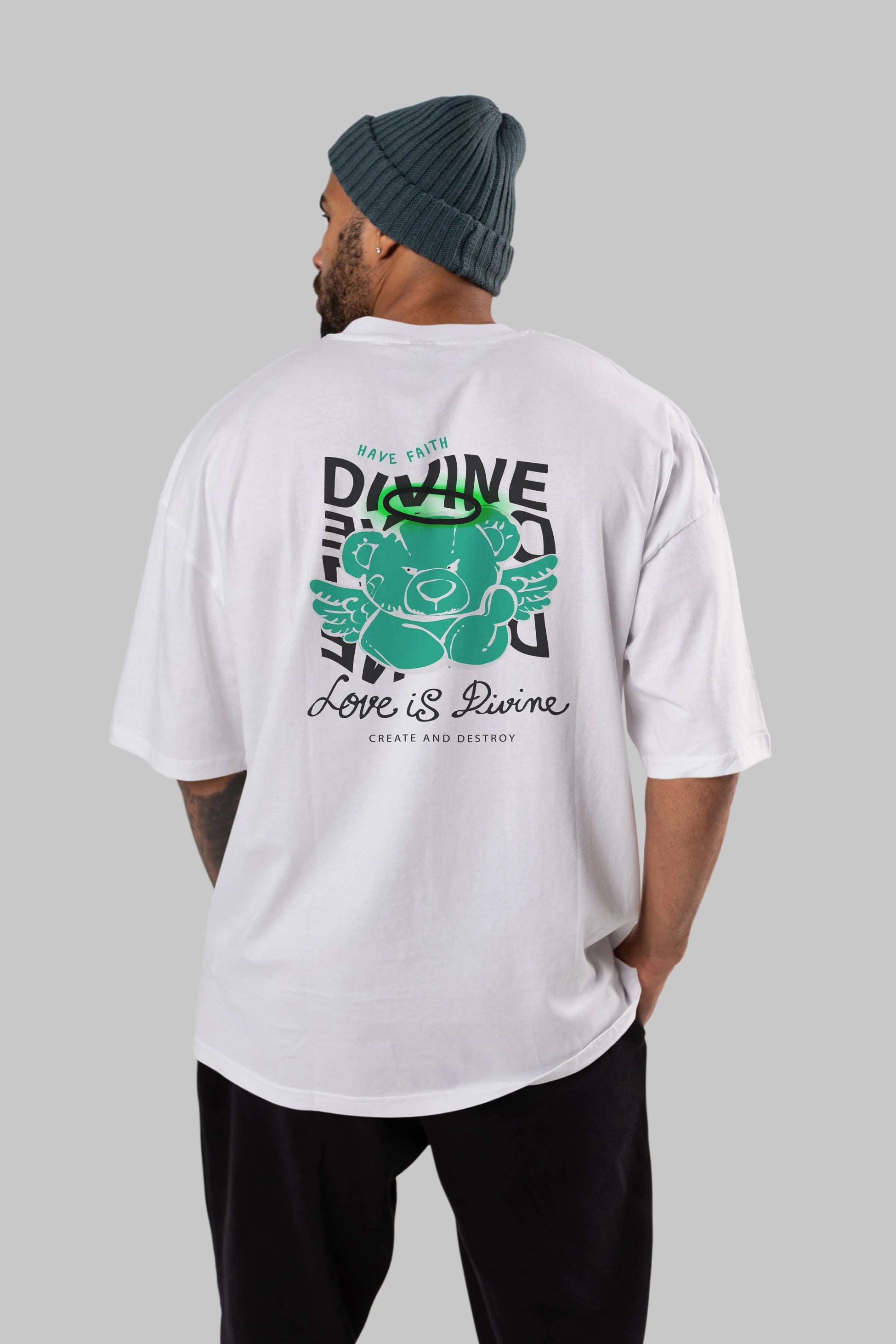 Love is Divine Bear Arka Baskılı Oversize t-shirt Erkek Kadın Unisex