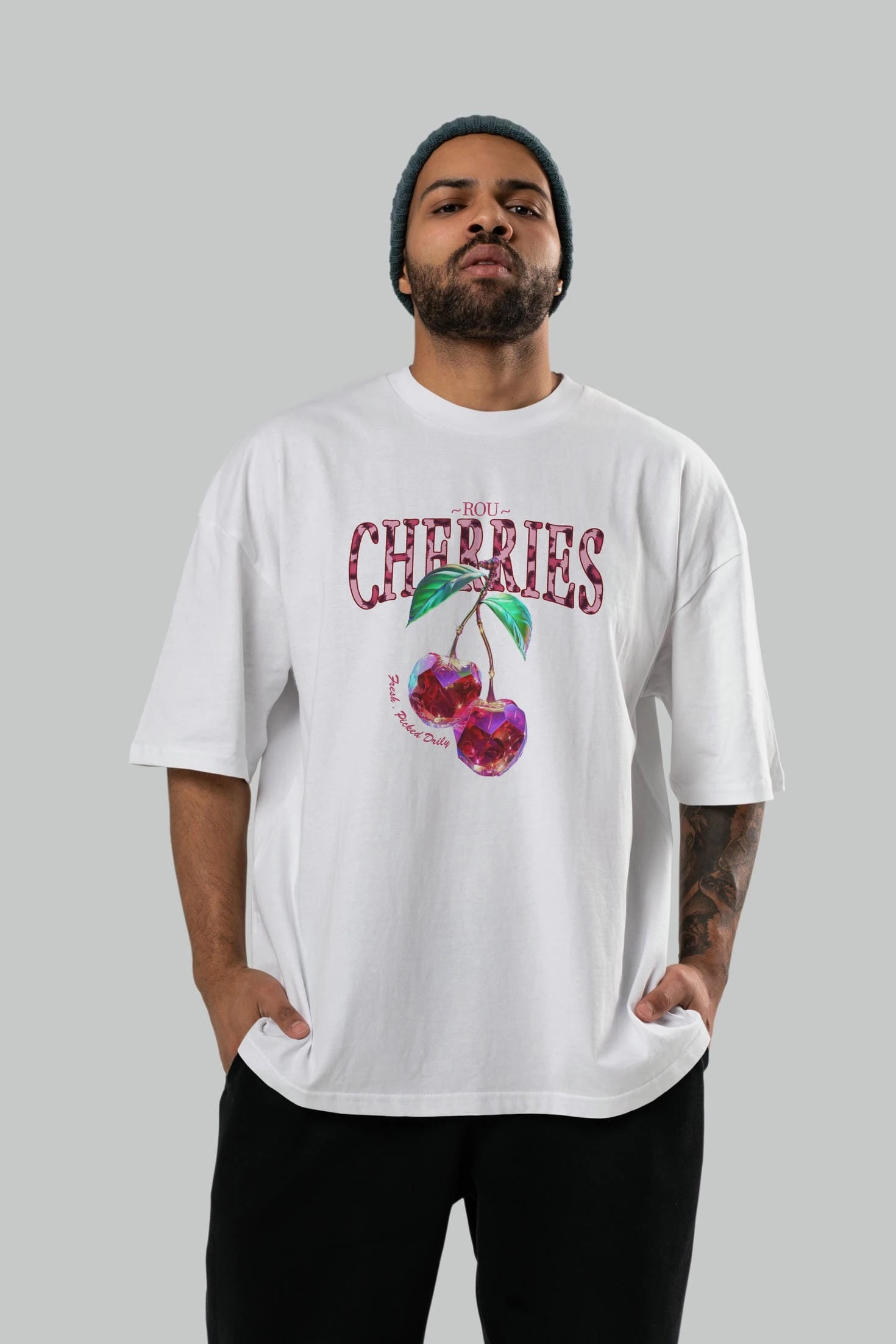 Cherry Cherries 4 Ön Baskılı Oversize t-shirt Erkek Kadın Pamuk Bisiklet Yaka tişort