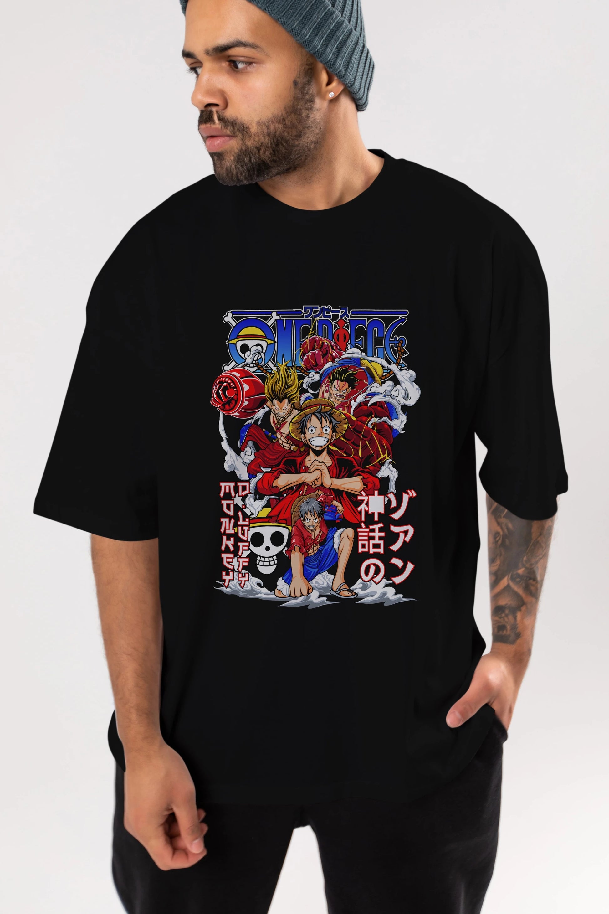 MONKEY D. LUFF-ONE PIECE 2 Anime Ön Baskılı Oversize t-shirt %100 pamuk Erkek Kadın Unisex