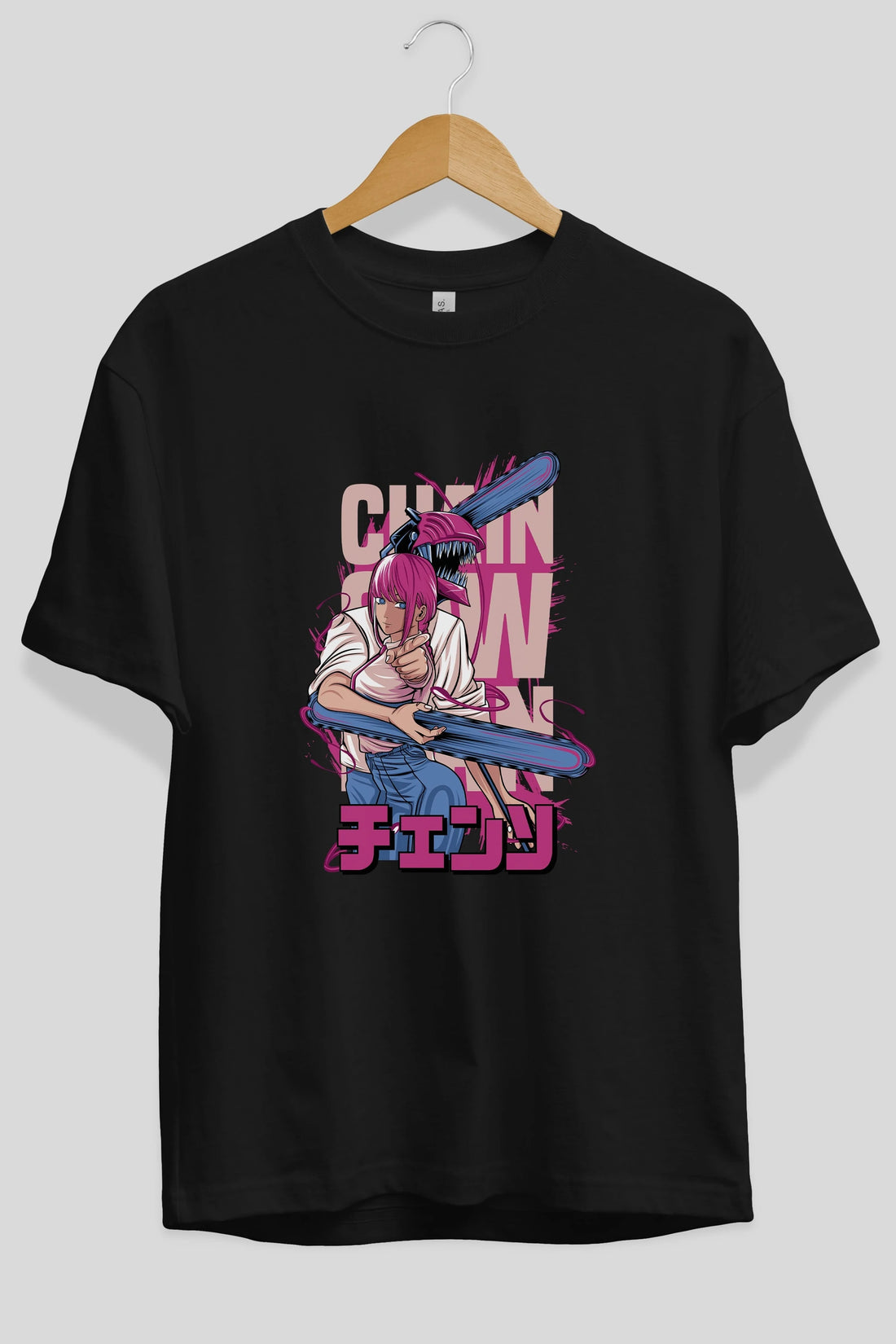 DENJI and MAKIMA Anime Ön Baskılı Oversize t-shirt %100 pamuk Erkek Kadın Unisex