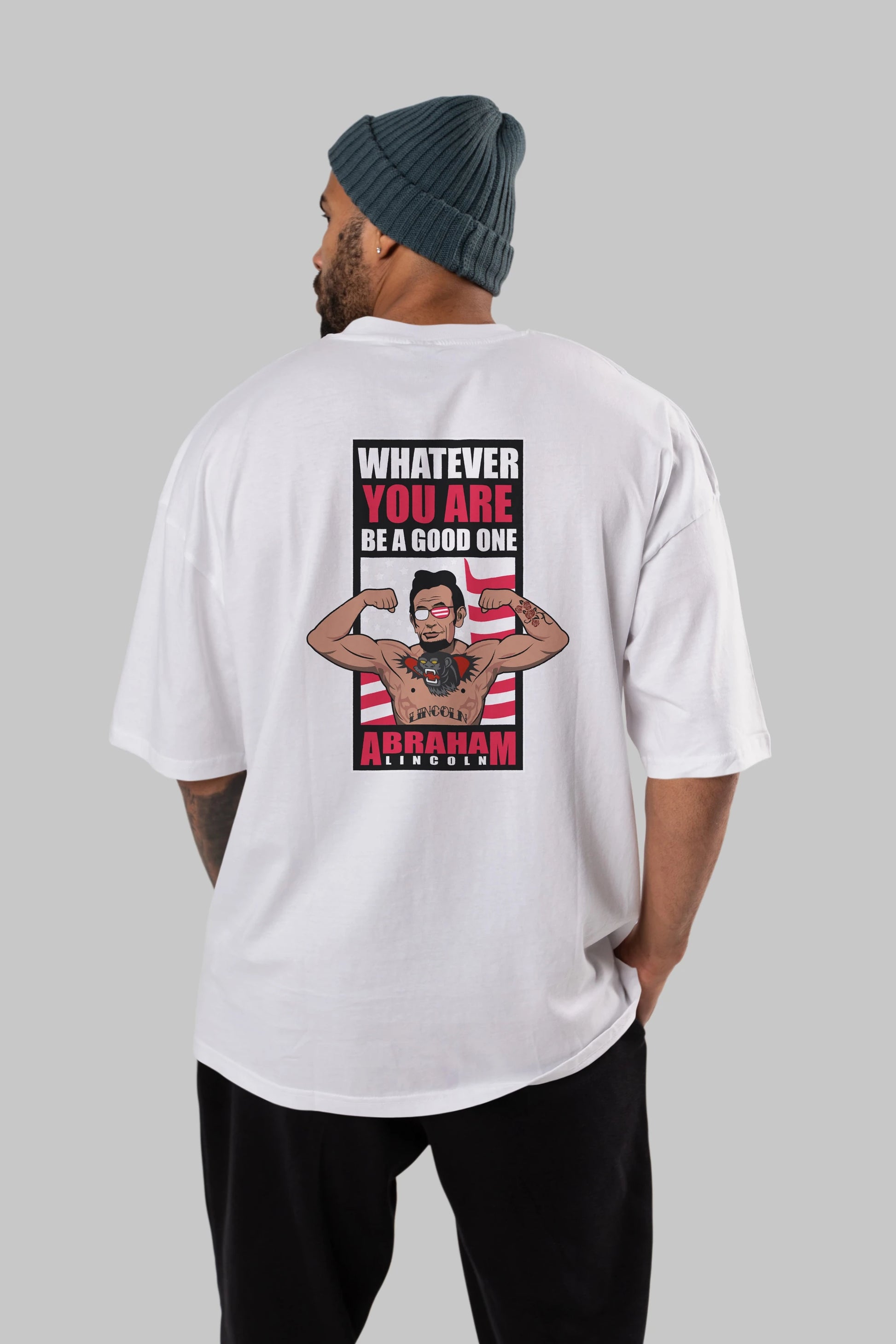 Lincoln Fighter Arka Baskılı Oversize t-shirt Erkek Kadın Unisex %100 Pamuk tişort