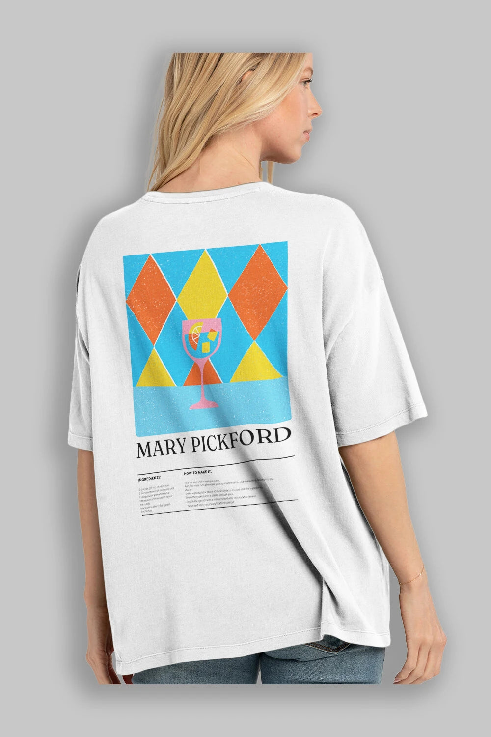 Mary Pickford Kokteyl Serisi Arka Baskılı Oversize t-shirt Erkek Kadın %100 Pamuk Bisiklet Yaka tişort