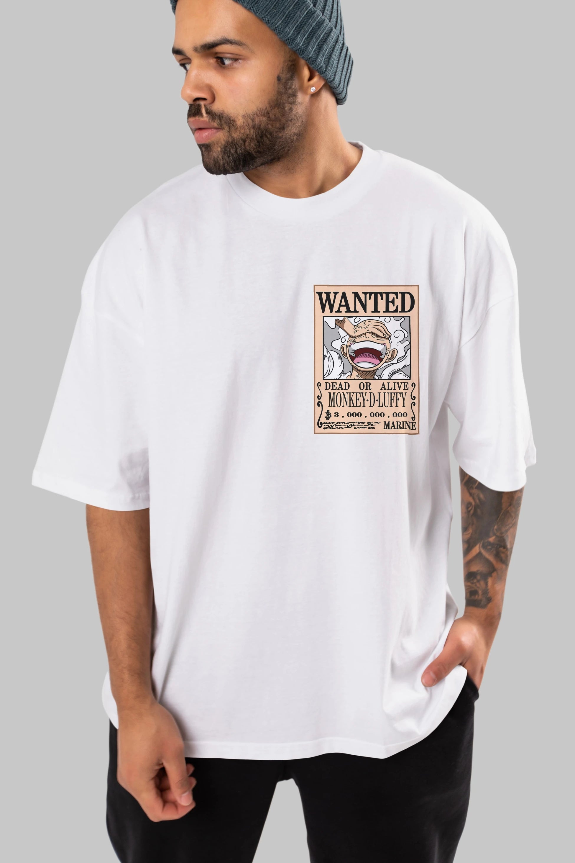 CARTEL LUFFY GEAR 5 Ön Sol Baskılı Oversize t-shirt Erkek Kadın Unisex %100 Pamuk Bisiklet Yaka tişort