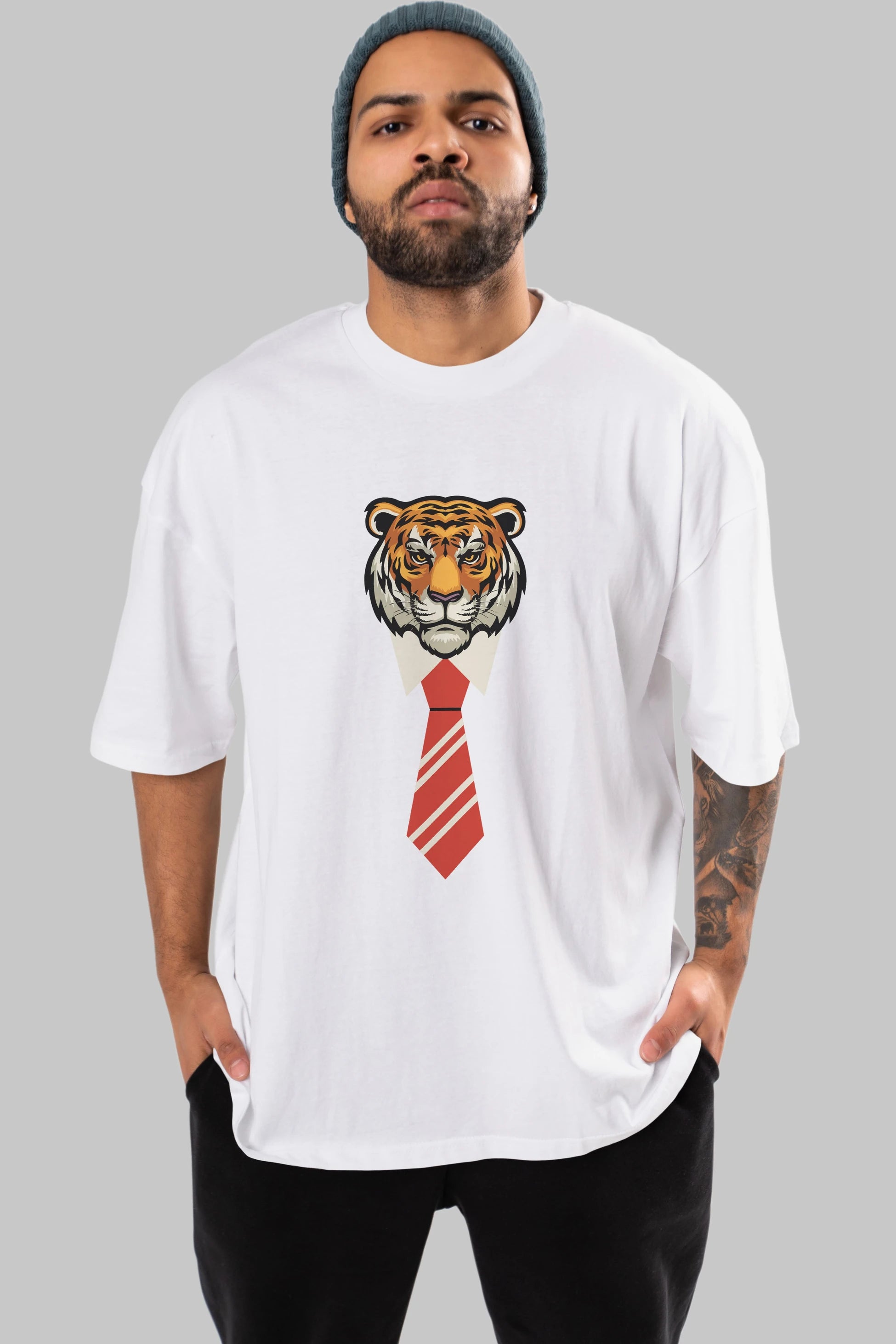 Tiger With Tie Ön Baskılı Oversize t-shirt Erkek Kadın Unisex