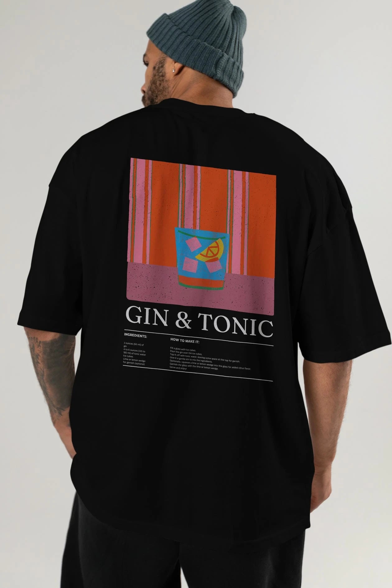 Gin Tonic Kokteyl Serisi Arka Baskılı Oversize t-shirt Erkek Kadın %100 Pamuk Bisiklet Yaka tişort