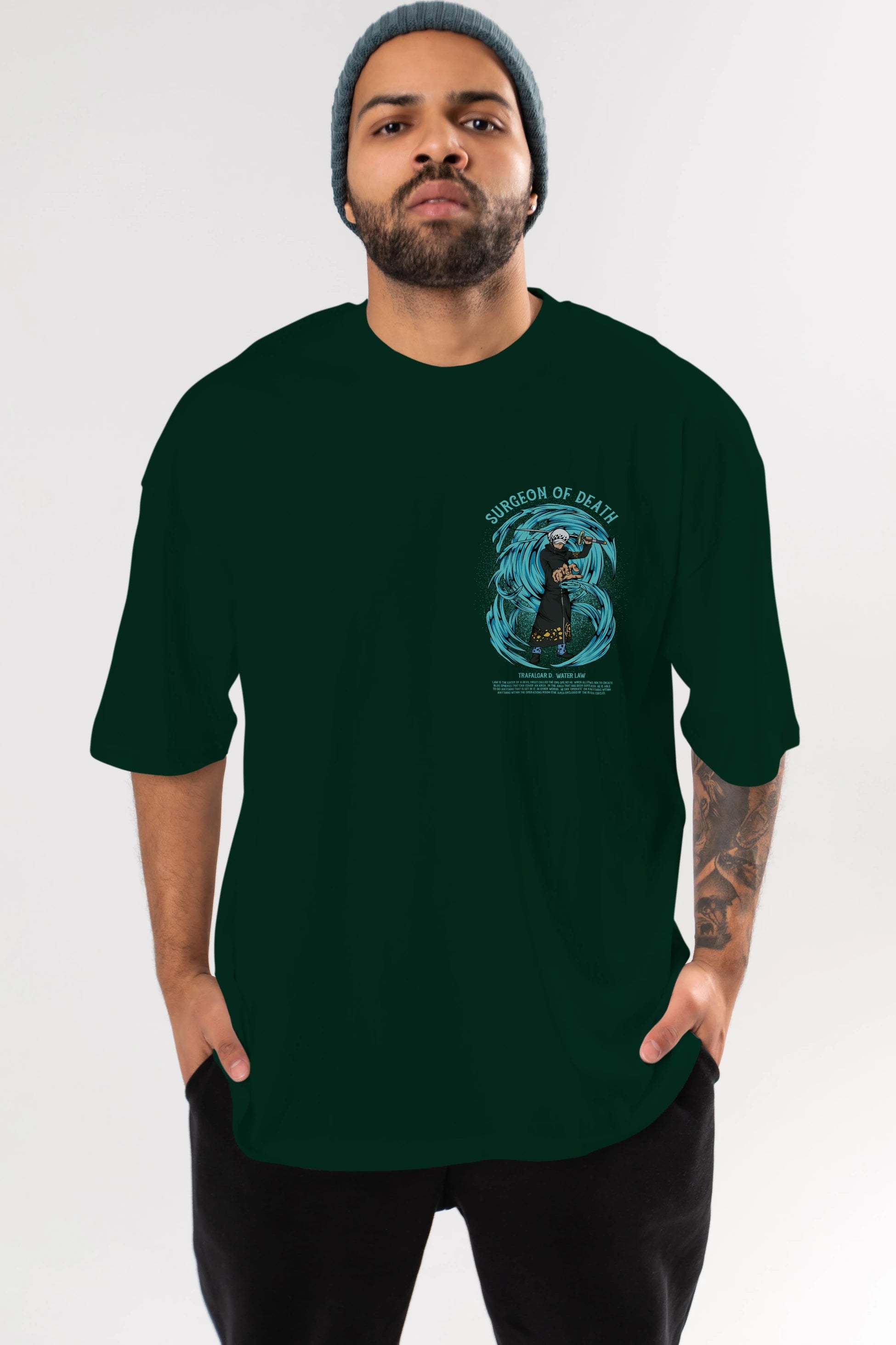 Trafalgad D. Water Law Ön Sol Baskılı Oversize t-shirt Erkek Kadın Unisex %100 Pamuk Bisiklet Yaka tişort
