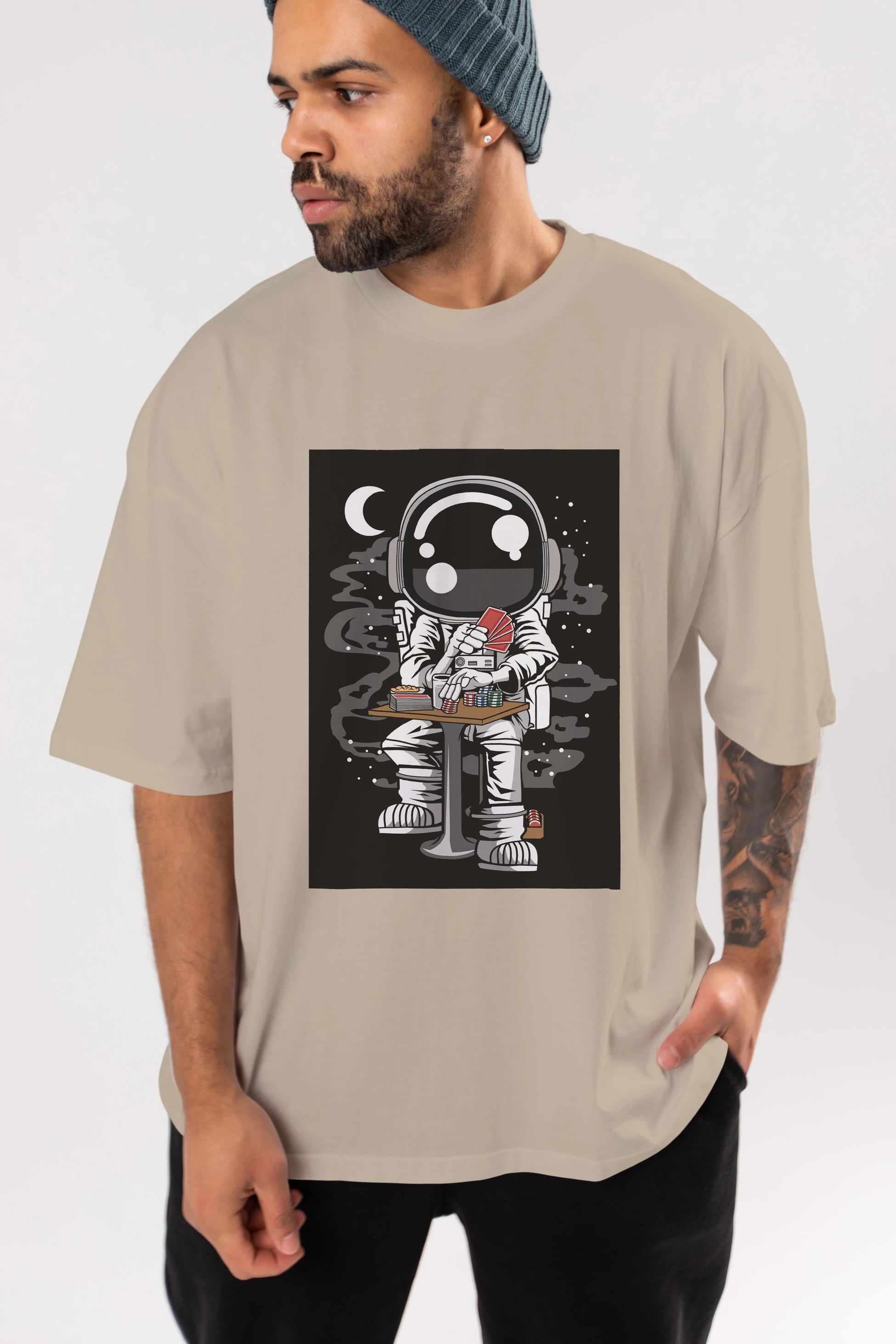 Astronaut Gambler Ön Baskılı Oversize t-shirt Erkek Kadın Unisex