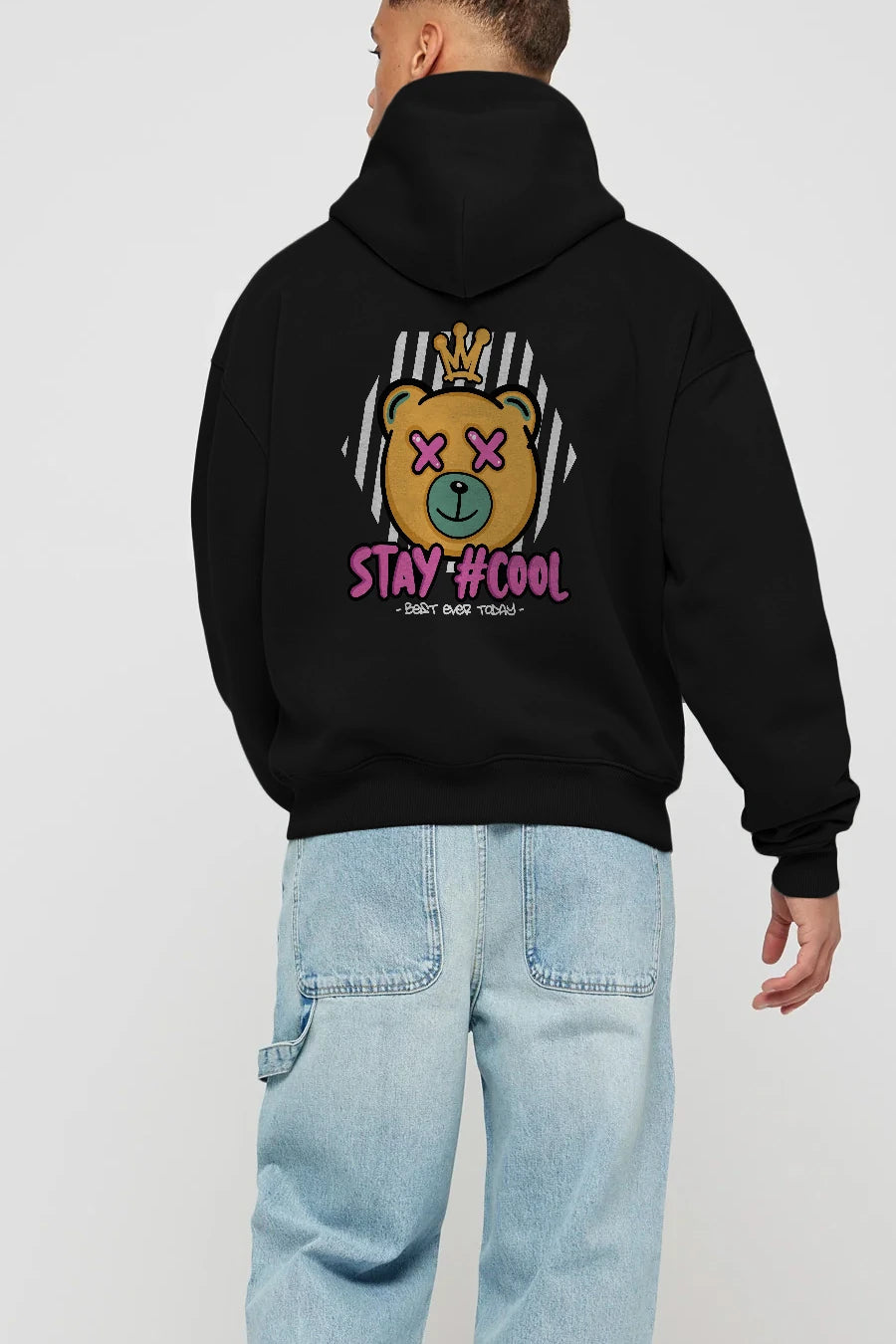 Stay Cool Bear Arka Baskılı Hoodie Oversize Kapüşonlu Sweatshirt Erkek Kadın Unisex