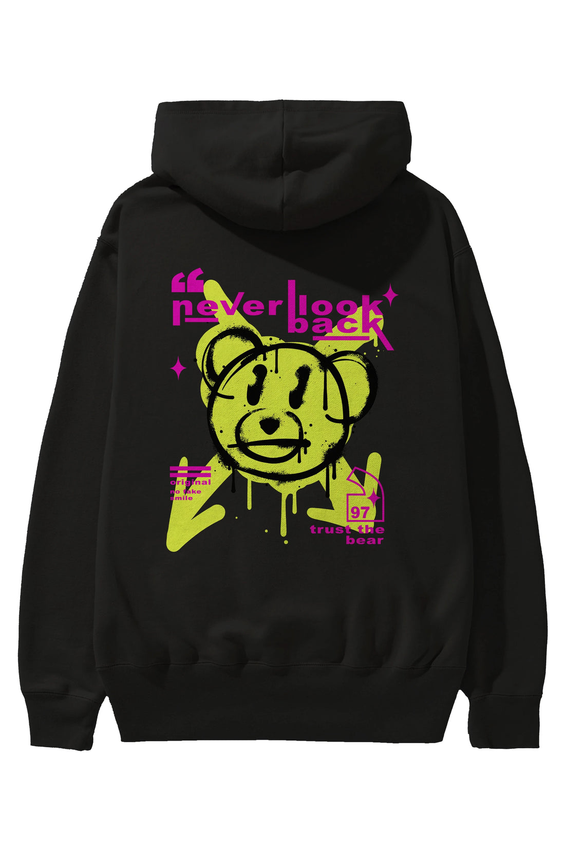 Never Look Back Bear Arka Baskılı Hoodie Oversize Kapüşonlu Sweatshirt Erkek Kadın Unisex