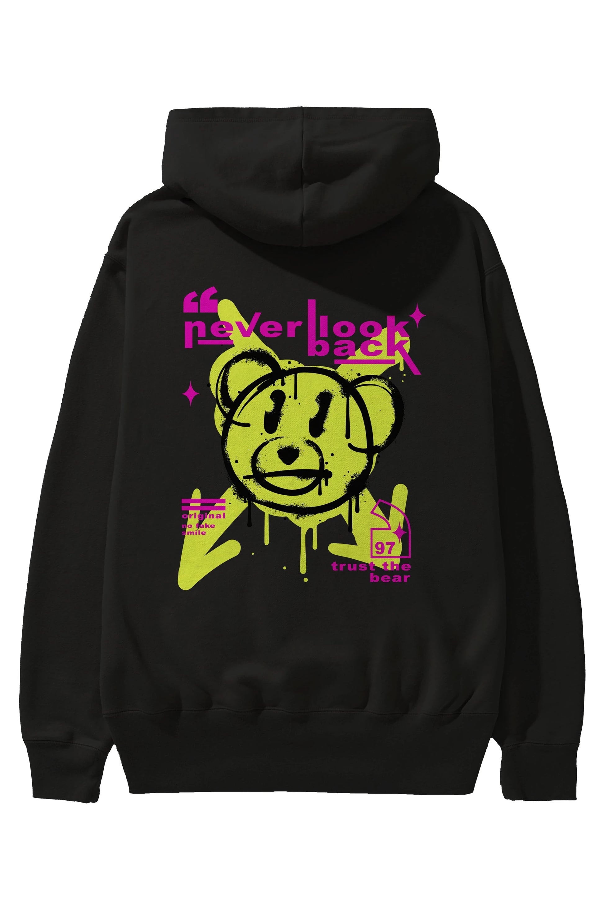Never Look Back Bear Arka Baskılı Hoodie Oversize Kapüşonlu Sweatshirt Erkek Kadın Unisex