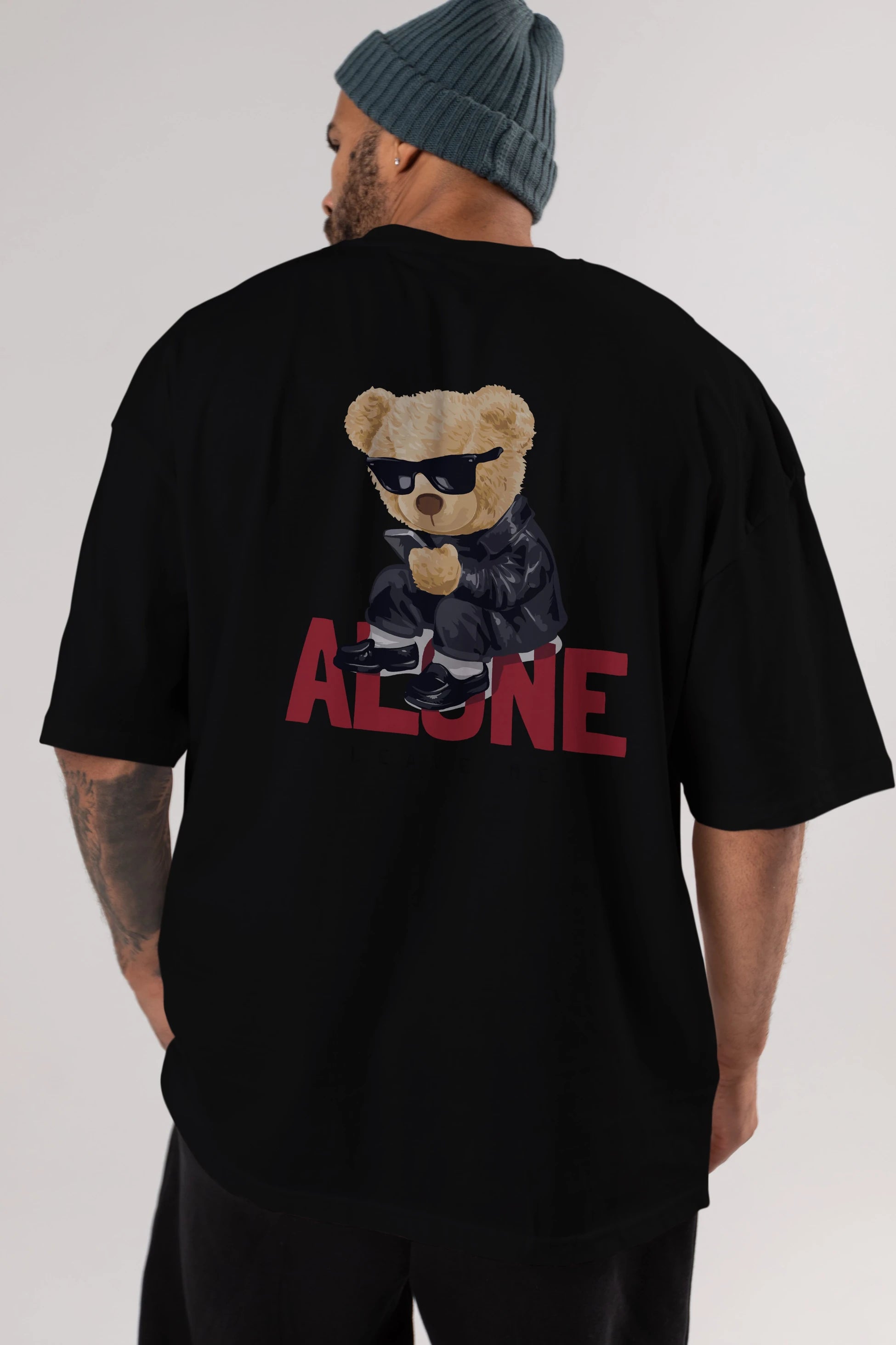 Teddy Bear Alone Arka Baskılı Oversize t-shirt Erkek Kadın Unisex %100 Pamuk