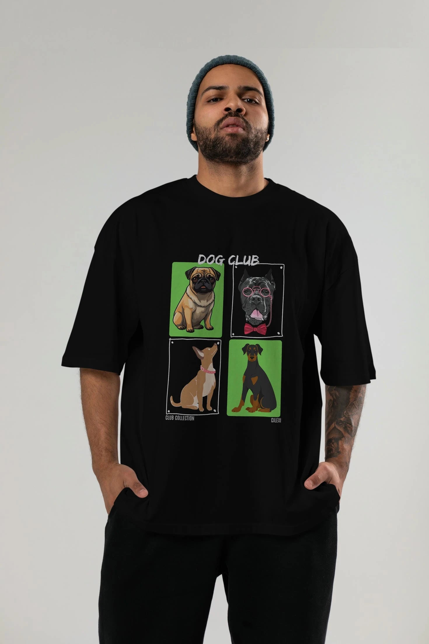 Dog Club ön Baskılı Oversize t-shirt Erkek Kadın %100 Pamuk Bisiklet Yaka tişort