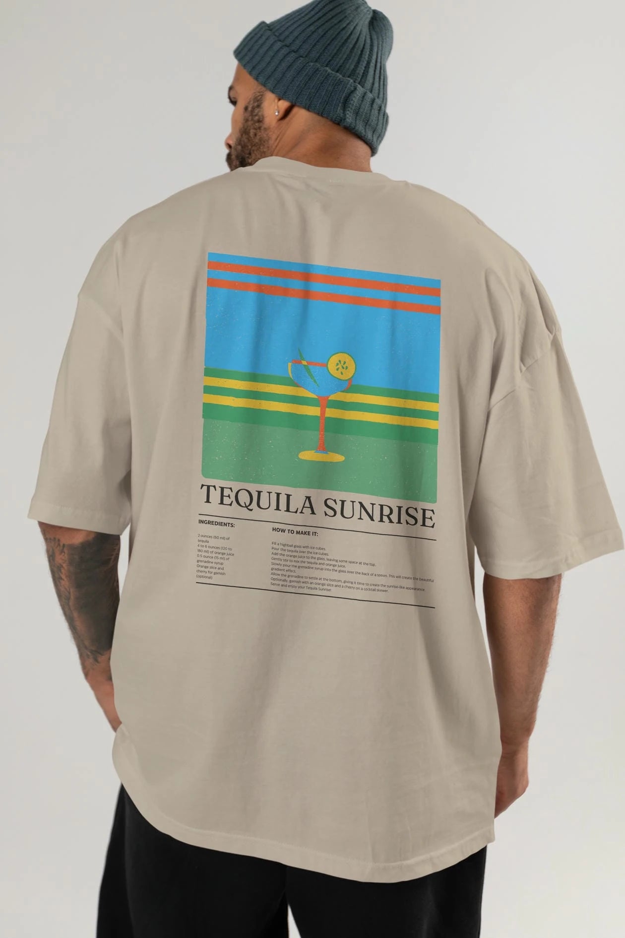 Tequila Sunrise Kokteyl Serisi Arka Baskılı Oversize t-shirt Erkek Kadın %100 Pamuk Bisiklet Yaka tişort