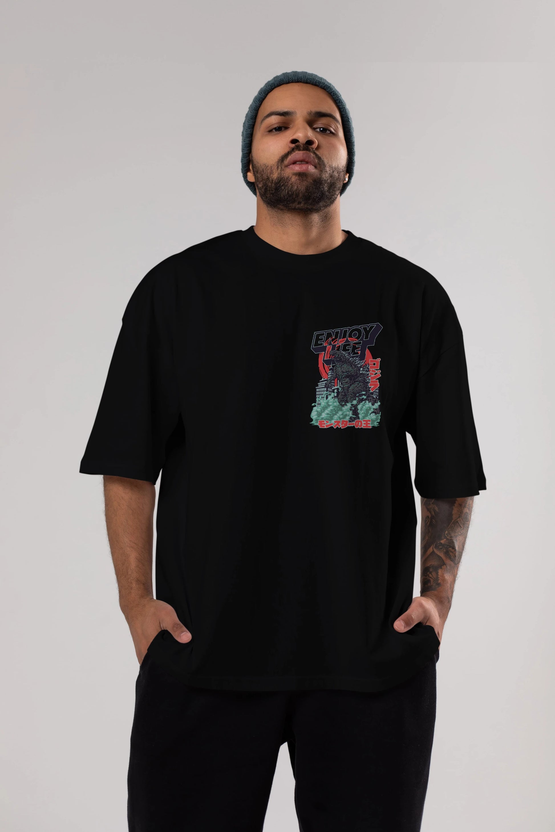 Godzilla Ön Sol Baskılı Oversize t-shirt Erkek Kadın Unisex %100 Pamuk Bisiklet Yaka tişort
