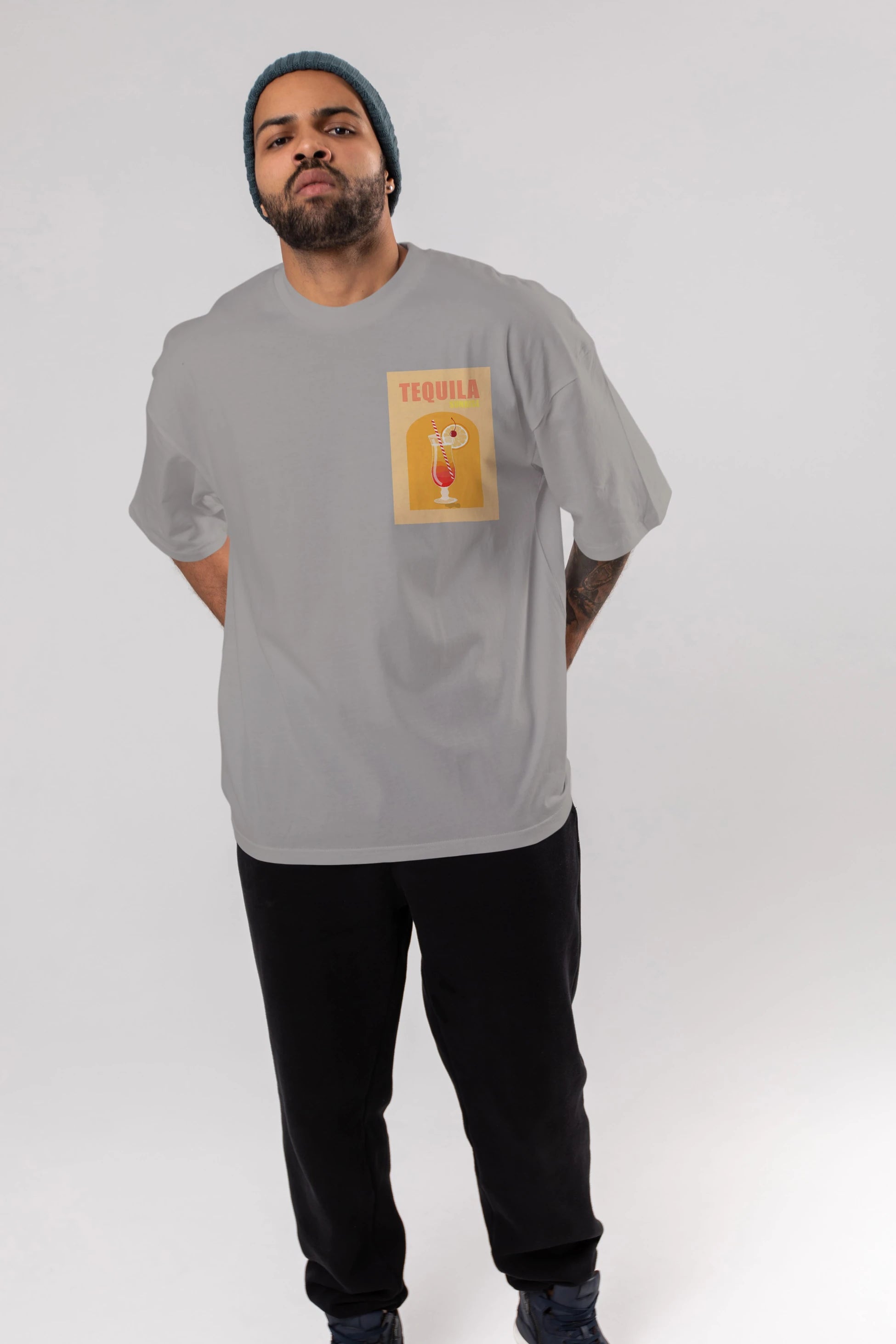 Tequila Sunrise Ön Sol Baskılı Oversize t-shirt Erkek Kadın Unisex %100 Pamuk Bisiklet Yaka tişort