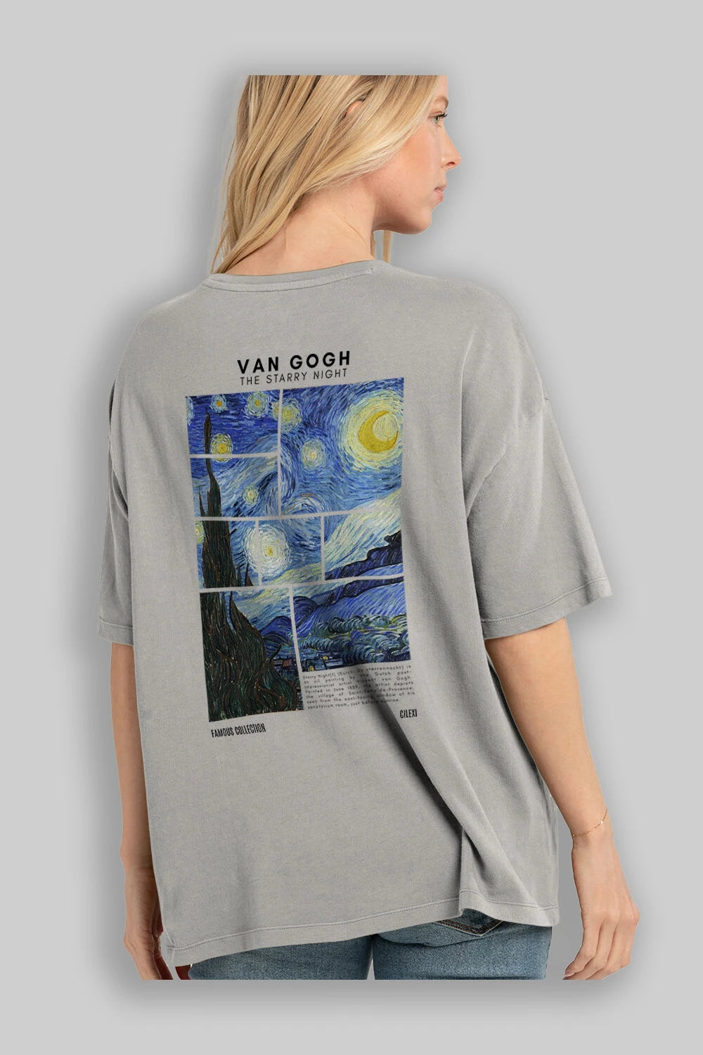 Van Gogh The Starry Night Arka Baskılı Oversize t-shirt Erkek Kadın Bisiklet Yaka Pamuk tişort