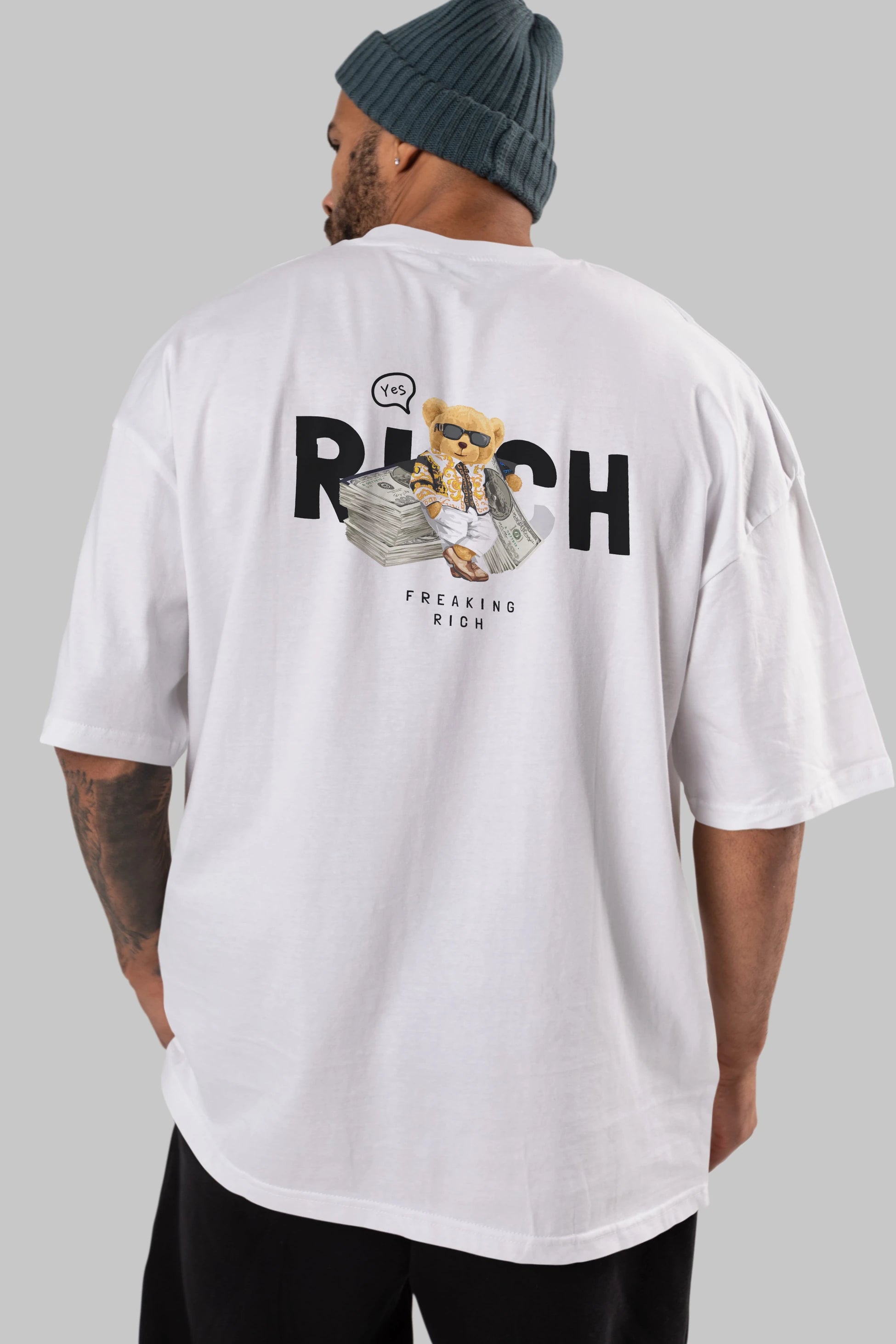 Teddy Bear Freakıng Rich Arka Baskılı Oversize t-shirt Erkek Kadın Unisex %100 Pamuk