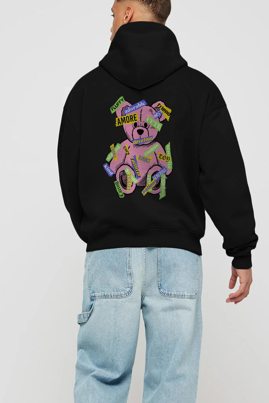 Teddy Bear Cute Arka Baskılı Hoodie Oversize Kapüşonlu Sweatshirt Erkek Kadın Unisex