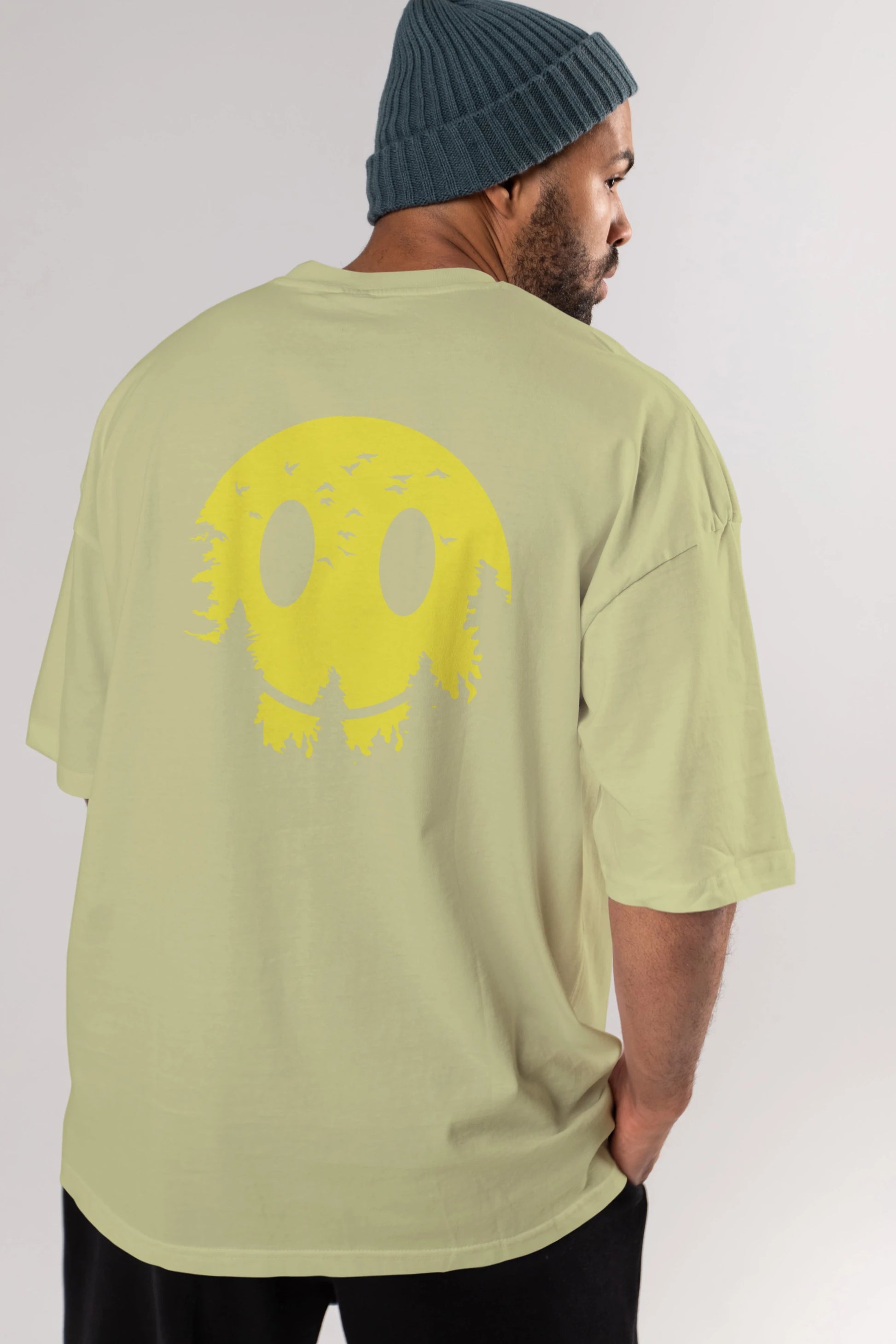 Smiley Moon Arka Baskılı Oversize t-shirt %100 pamuk Erkek Kadın Unisex