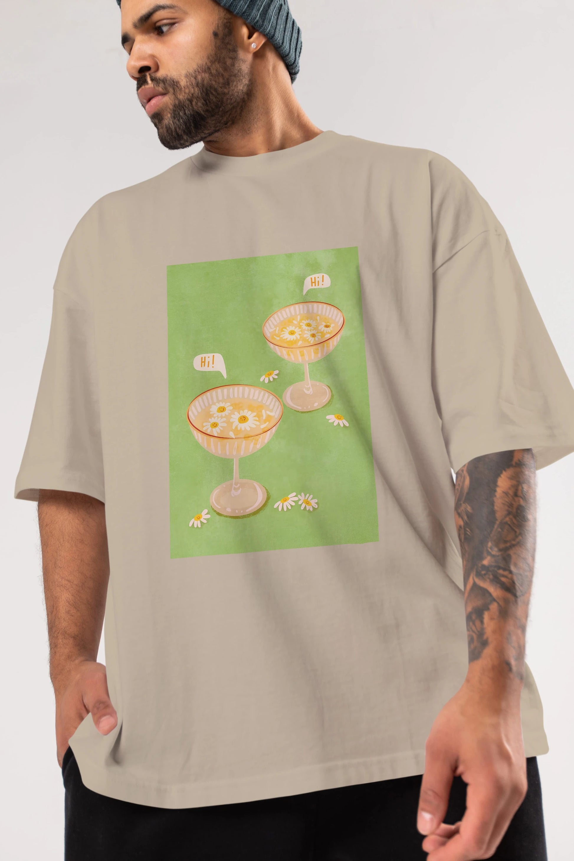 Hi Cheers Ön Baskılı Oversize t-shirt Erkek Kadın Unisex %100 Pamuk Bisiklet Yaka tişort