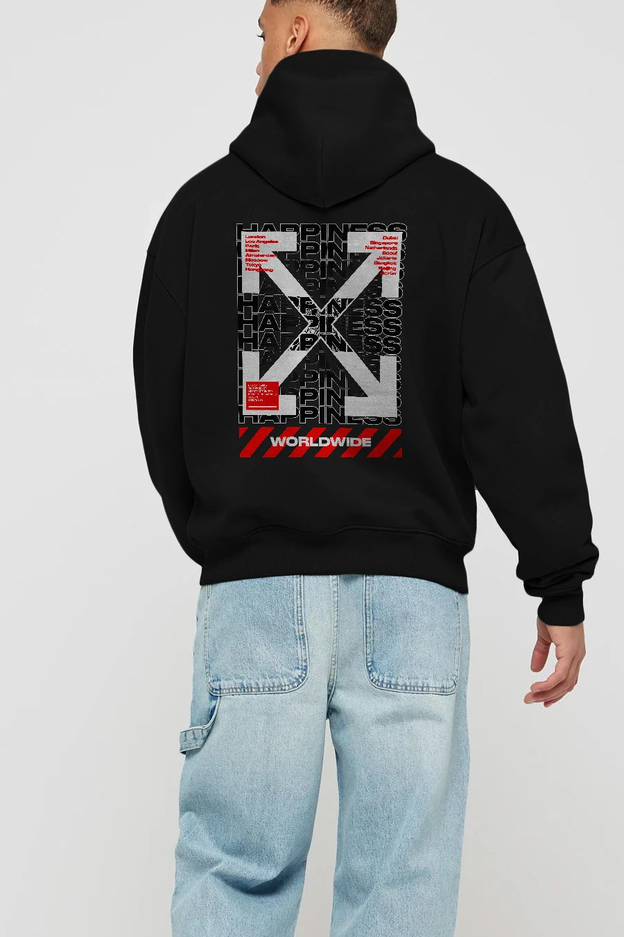 Happiness Worldwide Arka Baskılı Hoodie Oversize Kapüşonlu Sweatshirt Erkek Kadın Unisex