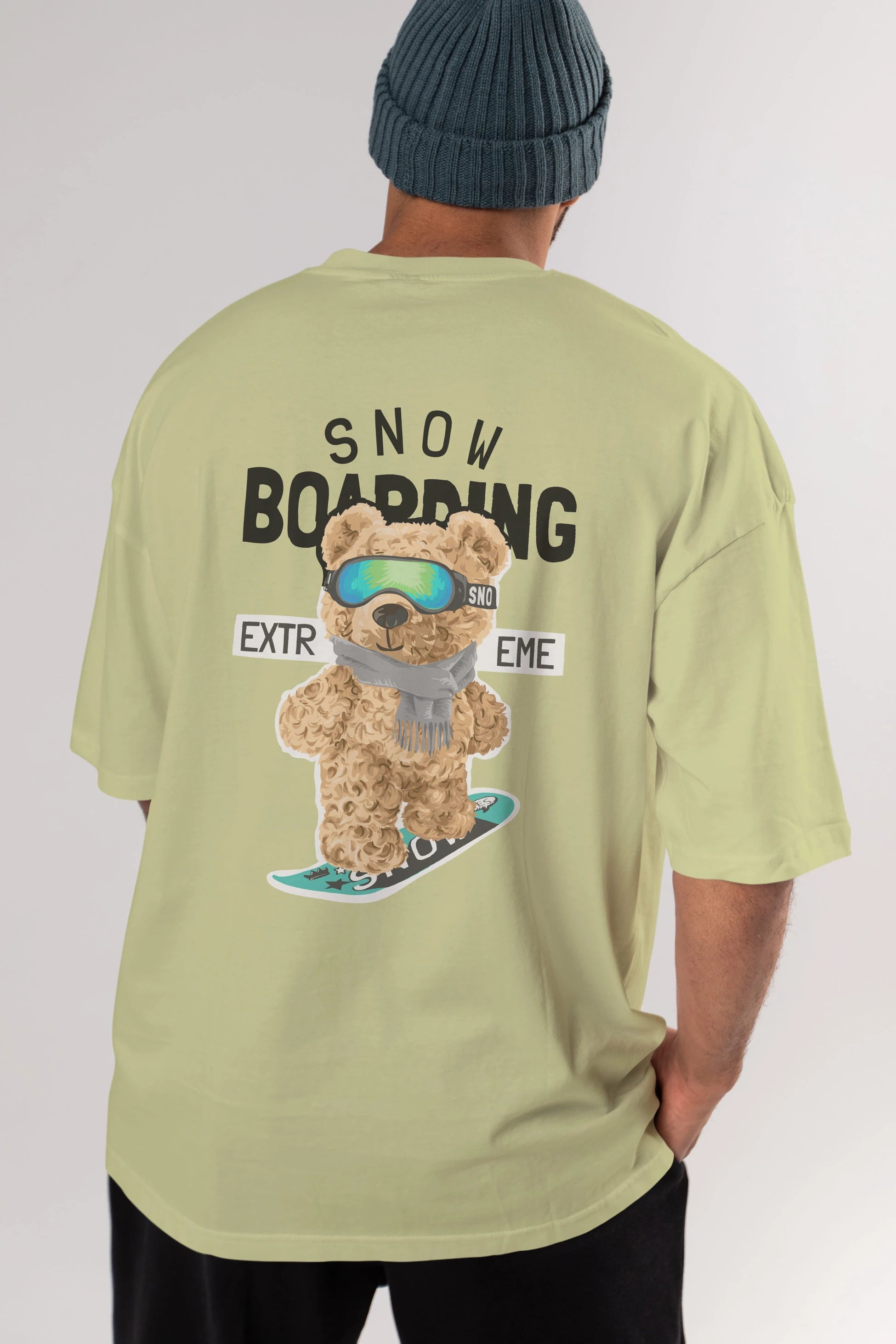 Teddy Bear Snow Boarding Arka Baskılı Oversize t-shirt Erkek Kadın Unisex %100 Pamuk